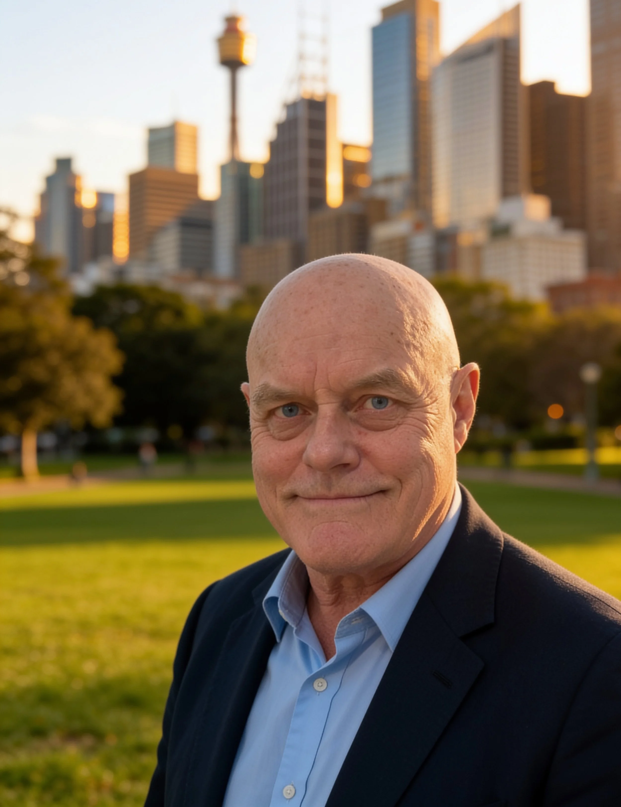 Close-up of a smiling middle-aged man with a bald head and blue eyes, wearing a dark suit and light blue dress shirt, standing outdoors in front of a city skyline with tall buildings and a park in the foreground during sunset.