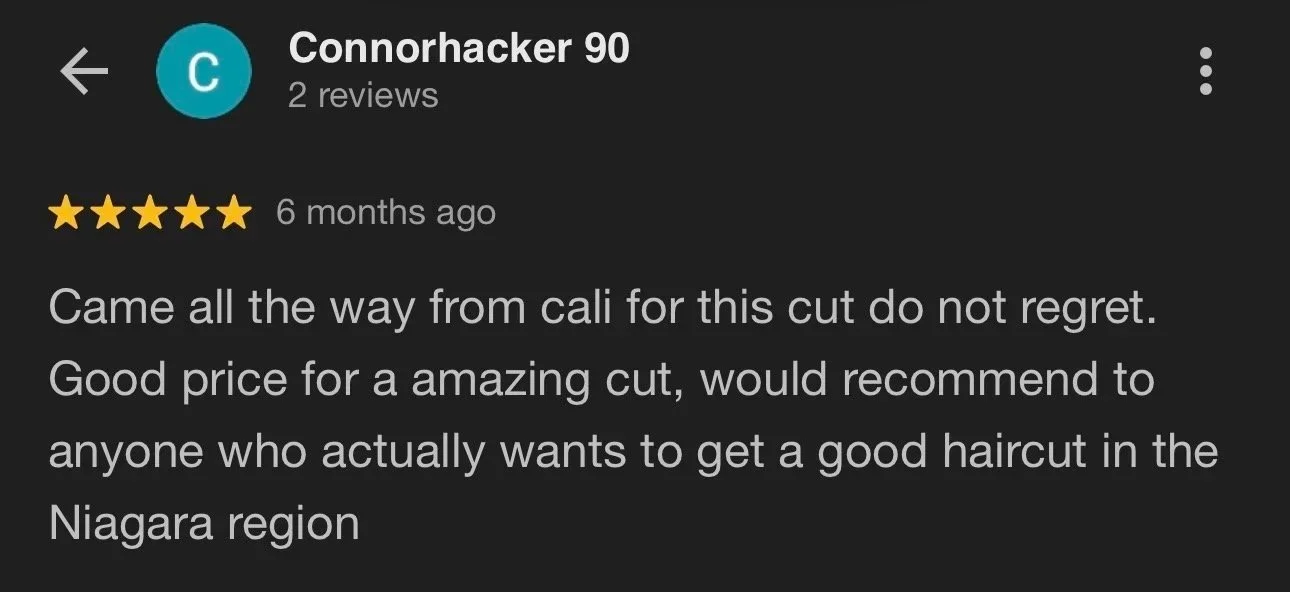 Screenshot of a 5-star review for a haircut service, mentioning the customer traveled from California and praising the quality and price, recommending it to others in the Niagara region.