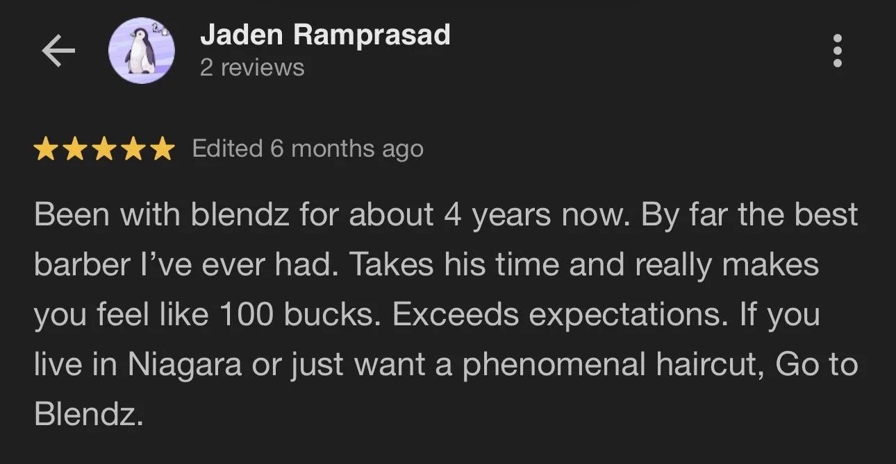 Screenshot of a Google review for a barber named Jaden Ramprasad, praising Blendz barber shop for quality haircuts over four years.