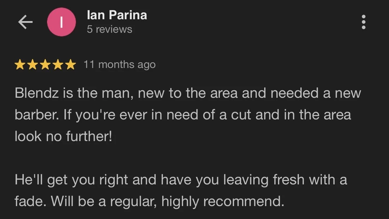 Screenshot of a Google review for a barber named Blendz, praising his barber services.