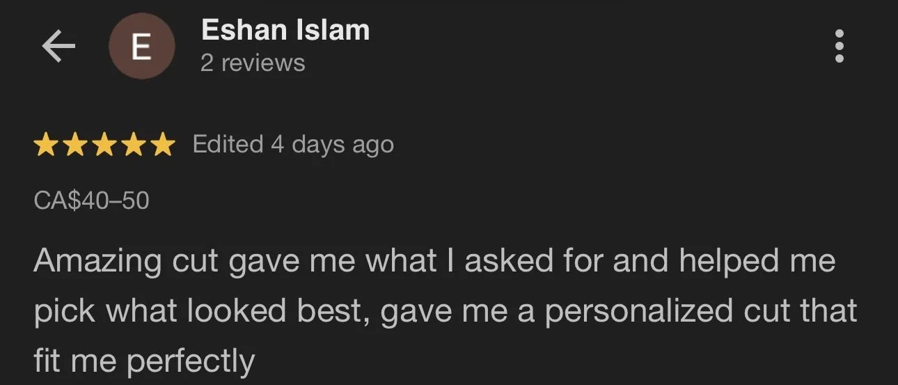 Screenshot of a Google review for a hairstylist named Eshan Islam, with five stars and a positive comment about a personalized haircut.