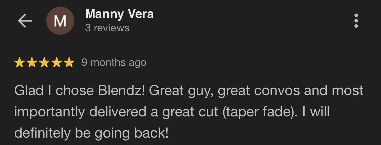 Screenshot of a Facebook review for Manny Vera, five-star rating, 9 months ago, expressing satisfaction with the services of Blendz including a great cut and taper fade.