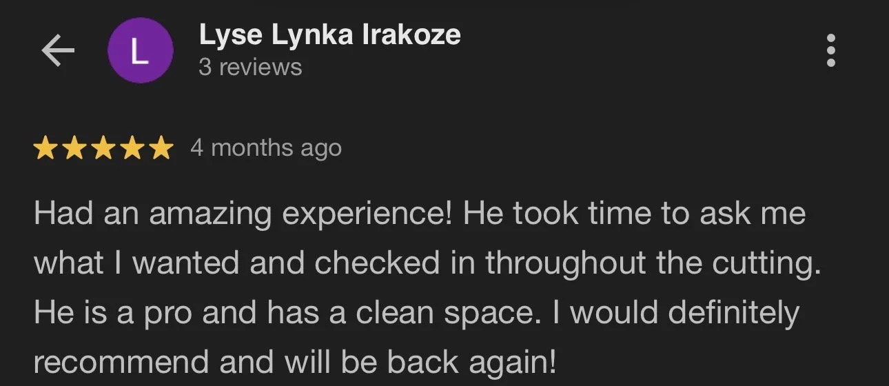 Google review from Lyse Lynka Irakoze praising a barber for a positive experience, mentioning the barber's professional and clean workspace.