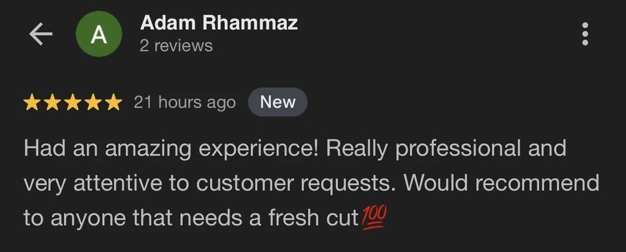 Screenshot of a Google review by Adam Rhammaz with five stars, praising a professional and attentive customer service, recommending to anyone who needs a fresh cut, with an emoji and a 'New' label.