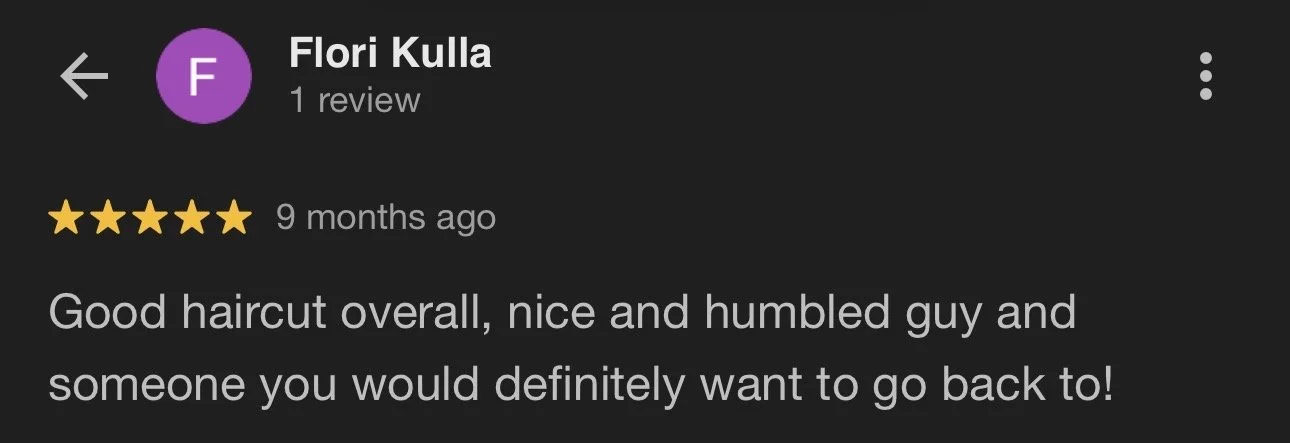 Screenshot of a Google review by Flori Kulla, with five stars, praising a haircut and mentioning the person's humility and likability.