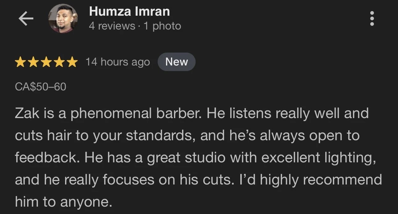 A screenshot of a Google review for a barber named Zak, written by Humza Imran. The review includes a 5-star rating and describes Zak as a talented and attentive barber.