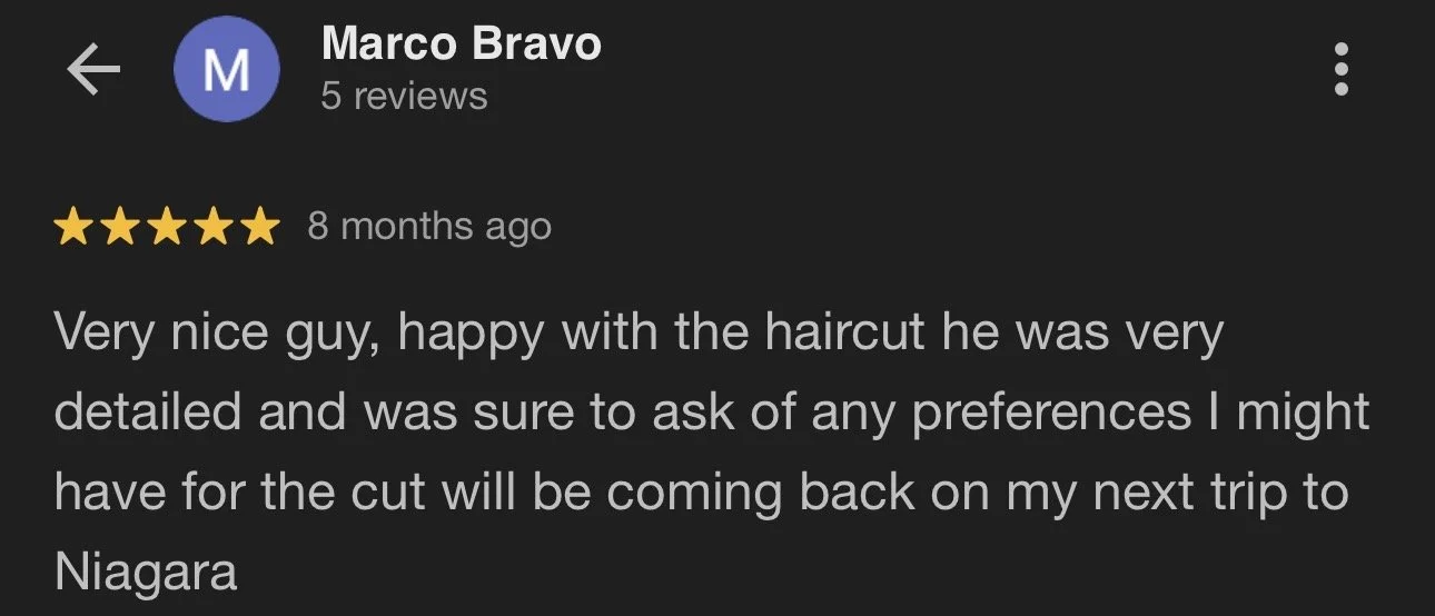 Screenshot of a Google review for a haircut, mentioning satisfaction with the stylist and mentioning plans to return.
