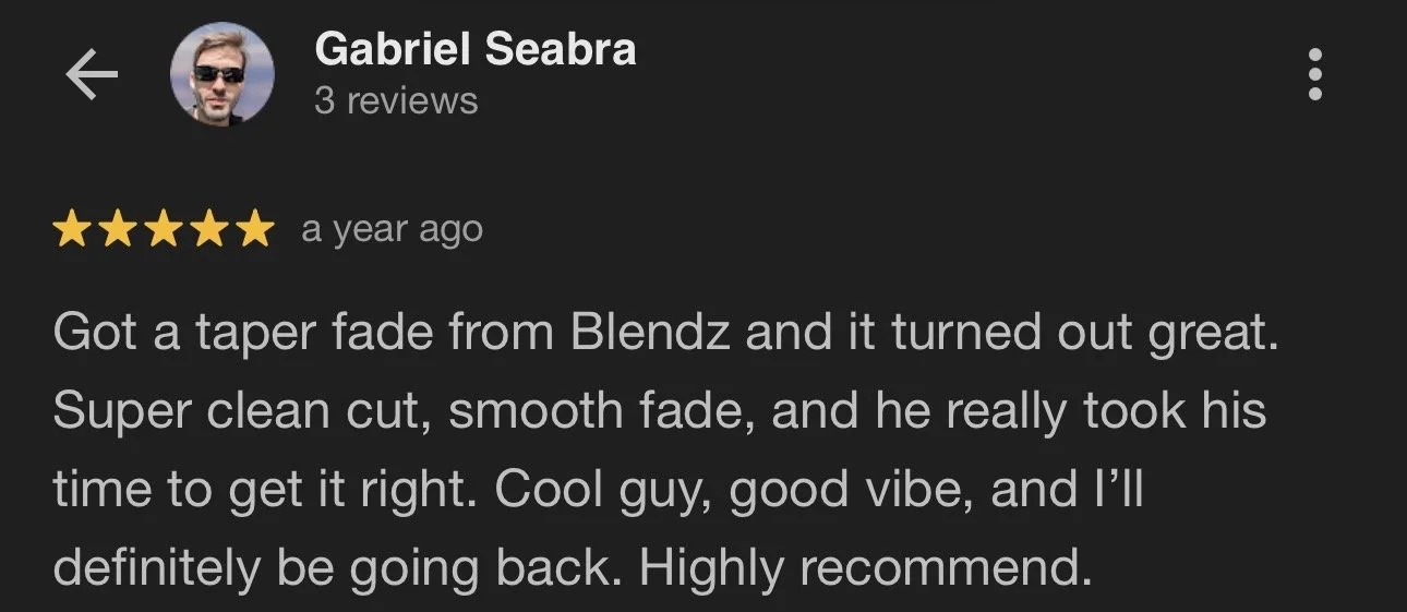 Screenshot of a Google review by Gabriel Seabra for a barber, giving five stars and endorsing the barber's fade haircut, describing it as clean, smooth, and well-done, with a positive vibe and intention to return.