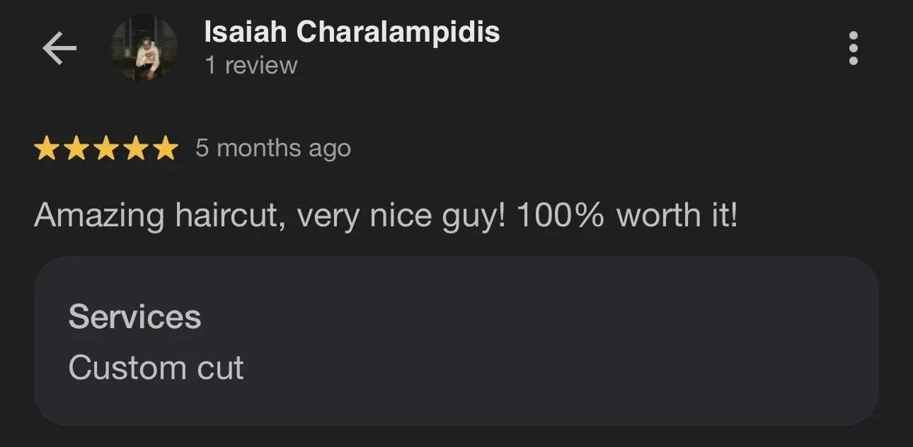 Review for a barber named Isaiah Charalampidis, with a five-star rating, praising an amazing haircut from a very nice guy and mentioning a custom haircut service.