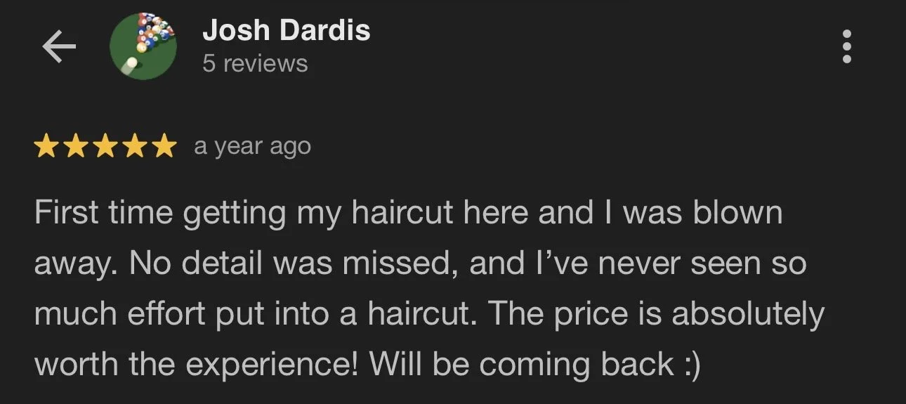 Screenshot of a Google review for a hairstyling service, five-star rating, positive feedback about a first-time haircut experience.