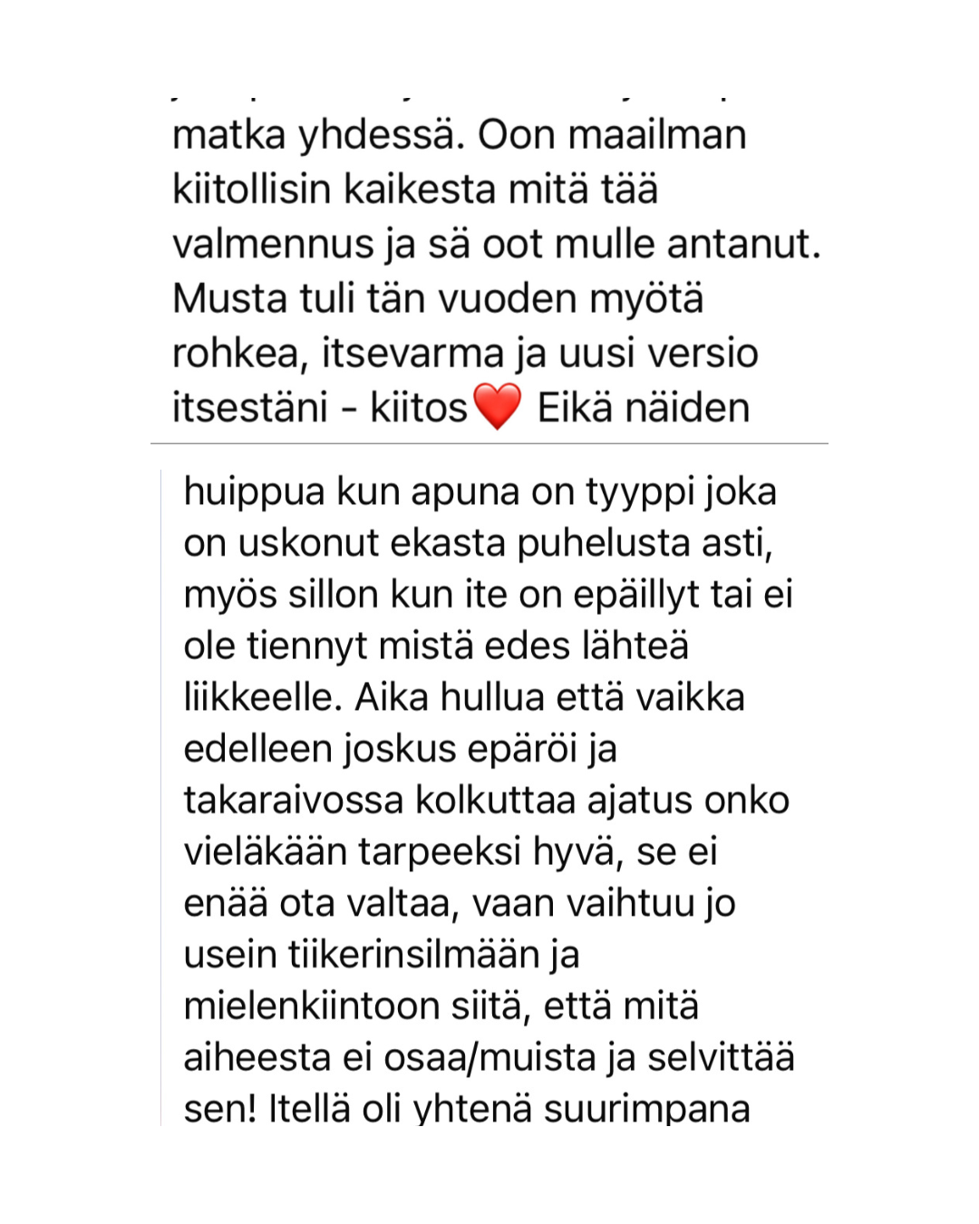 Text in Finnish discussing travel, appreciation, and personal growth, with a red heart emoji.