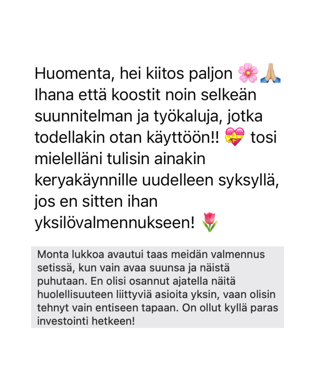 A Finnish social media post with text in Finnish and emojis, including flowers and hearts, about home training, workout tools, and personal progress.