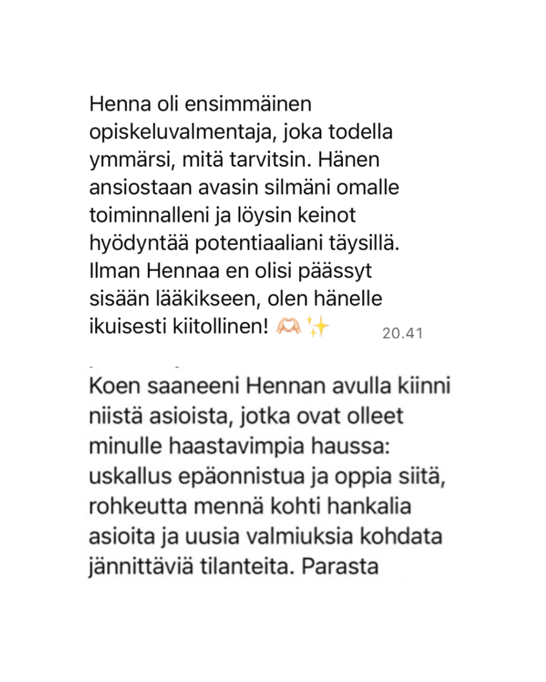 A digital screenshot of a Finnish text message or social media post discussing henna tattoo experiences, with emojis like a love heart and stars included.