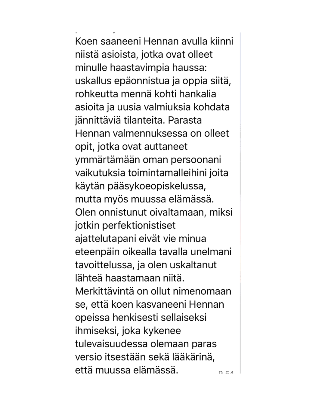 An excerpt from a book or a letter written in Finnish, discussing personal growth, overcoming challenges, and the importance of mentorship and self-improvement.