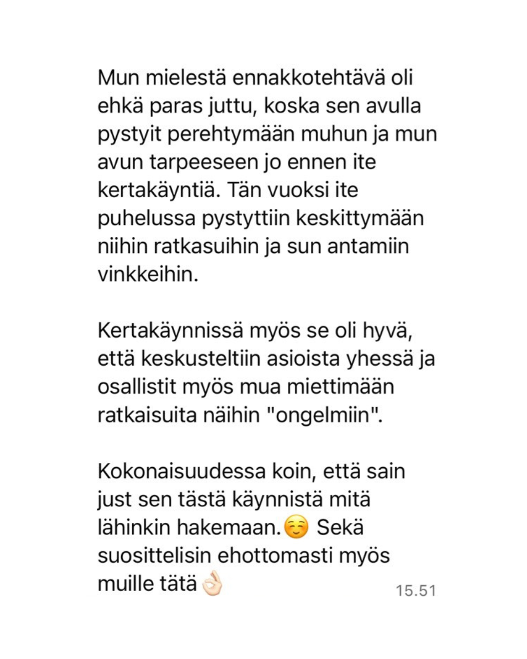 A screenshot of text in Finnish discussing the benefits of face-to-face communication and sharing solutions to problems.