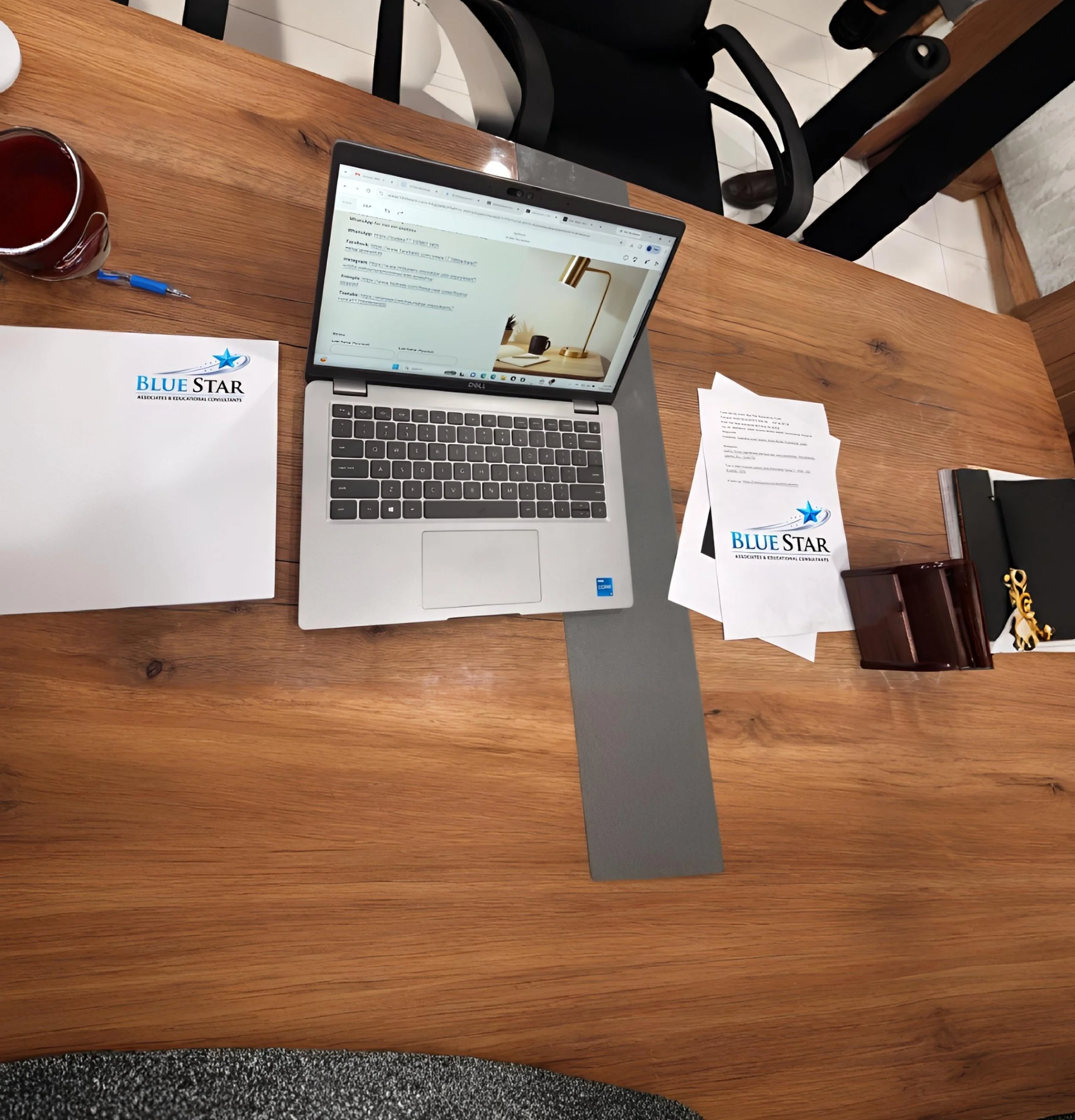 A wooden conference table with a laptop, papers, a pen, a mug, and a glass of dark beverage. A person in a dark suit is standing nearby.