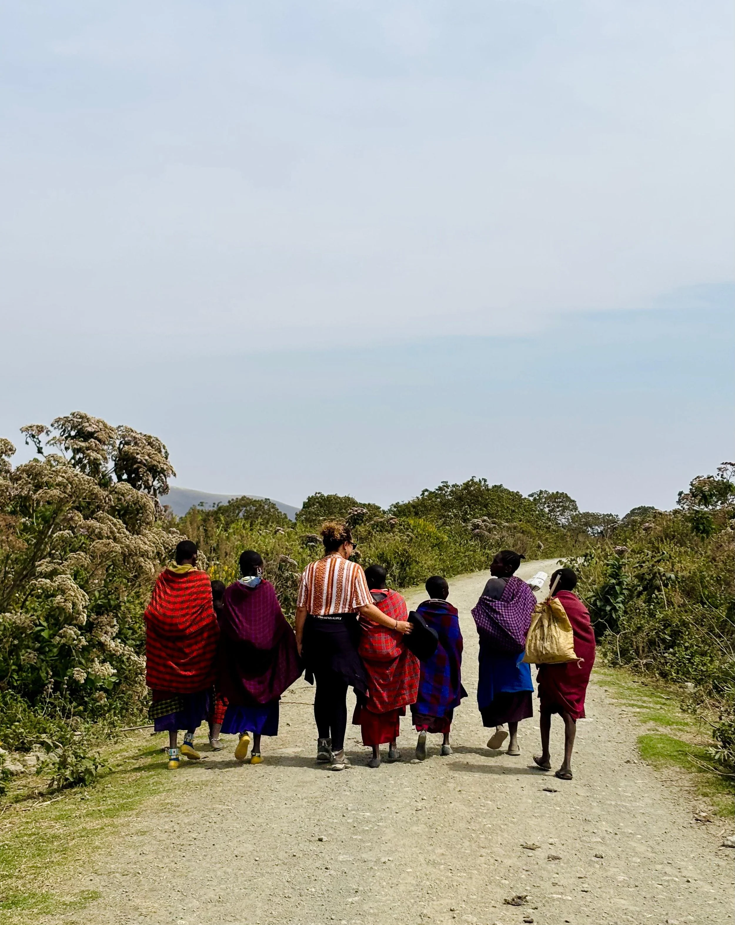 Group of people walking together on a dirt path through a green landscape, with trees and mountains in the distance under a cloudy sky.