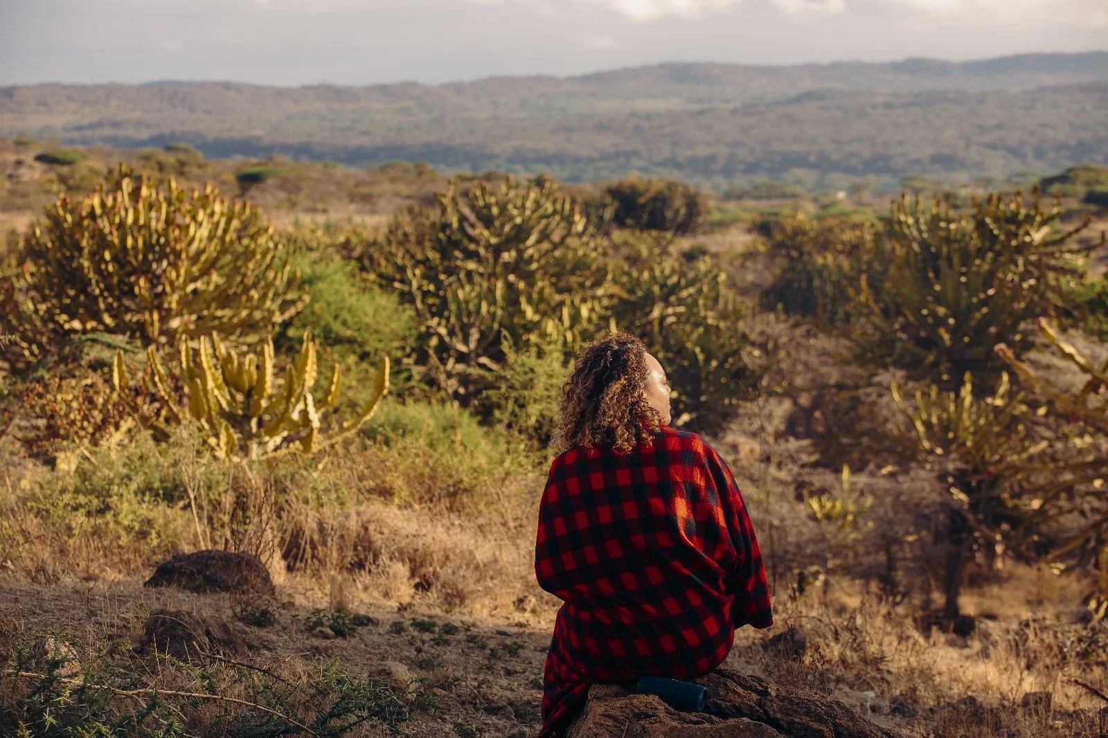 A woman with curly hair wearing a red and black checkered jacket sitting on a rock in a desert landscape with cacti and dry vegetation, looking towards the distant hills under a cloudy sky.