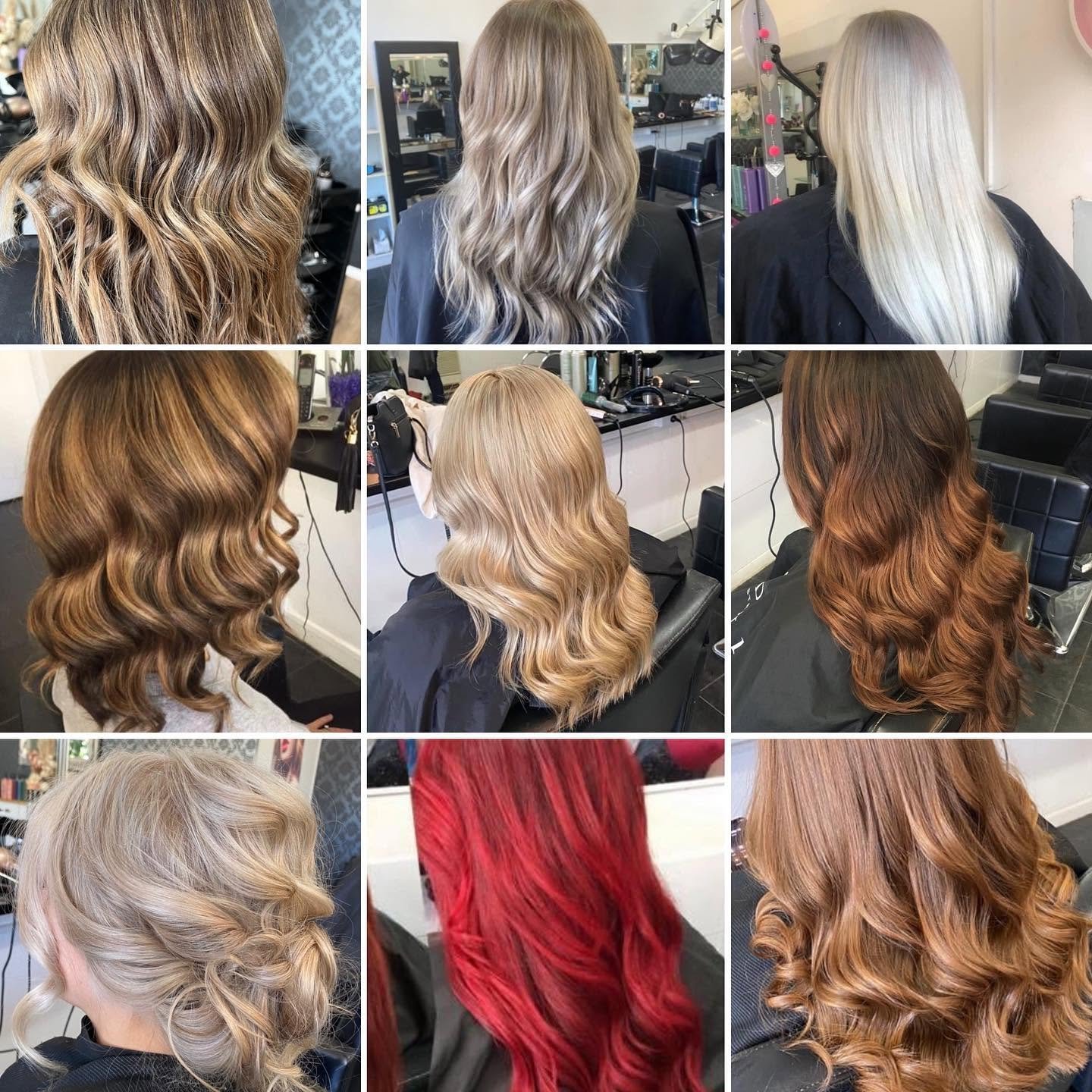 Collage of women with various professionally styled hair. Top row: blonde hair with loose waves, blonde hair with soft waves, platinum blonde straight hair. Middle row: light brown hair with loose waves, blonde hair with soft waves, reddish-brown hai