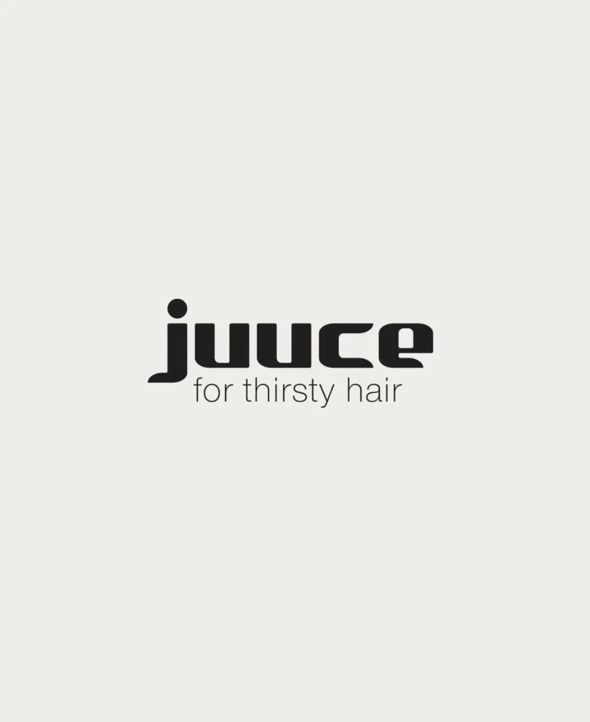 A minimalistic logo with the words "juice" in bold black lowercase font and the phrase "for thirsty hair" underneath in smaller font against a light gray background.