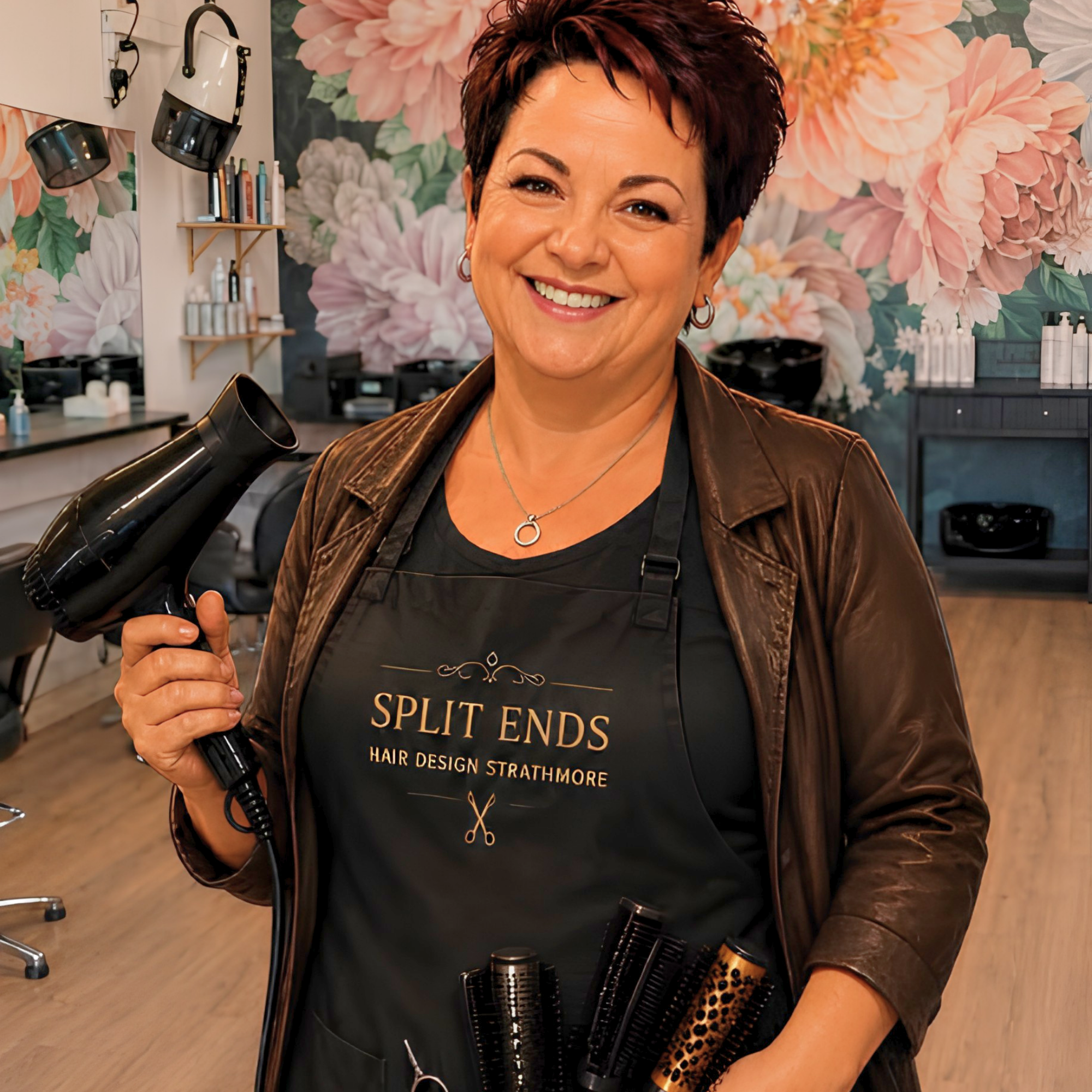 Smiling woman holding a black hairdryer in a hair salon with floral wallpaper and salon tools in the background.