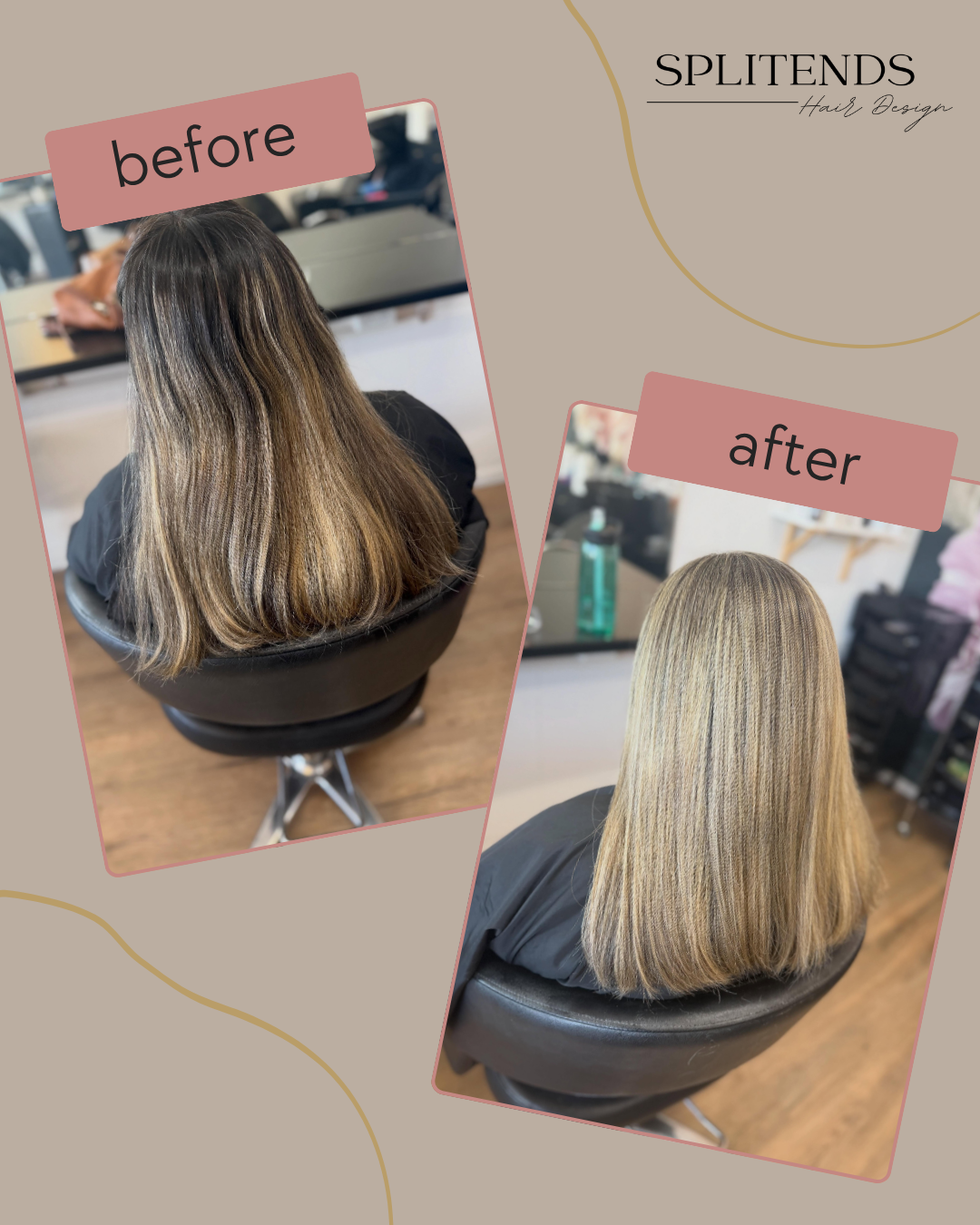 Side-by-side photos showing a woman's hair before and after a hair treatment. The 'before' photo shows darker, duller hair with visible highlights. The 'after' photo shows brighter, more vibrant, and evenly highlighted blonde hair.