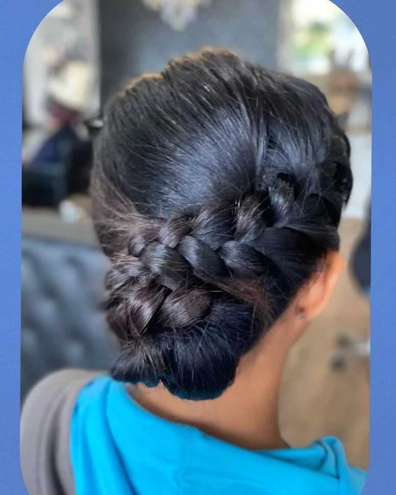 Back of a woman's head showing a braided updo hairstyle with dark, shiny hair.