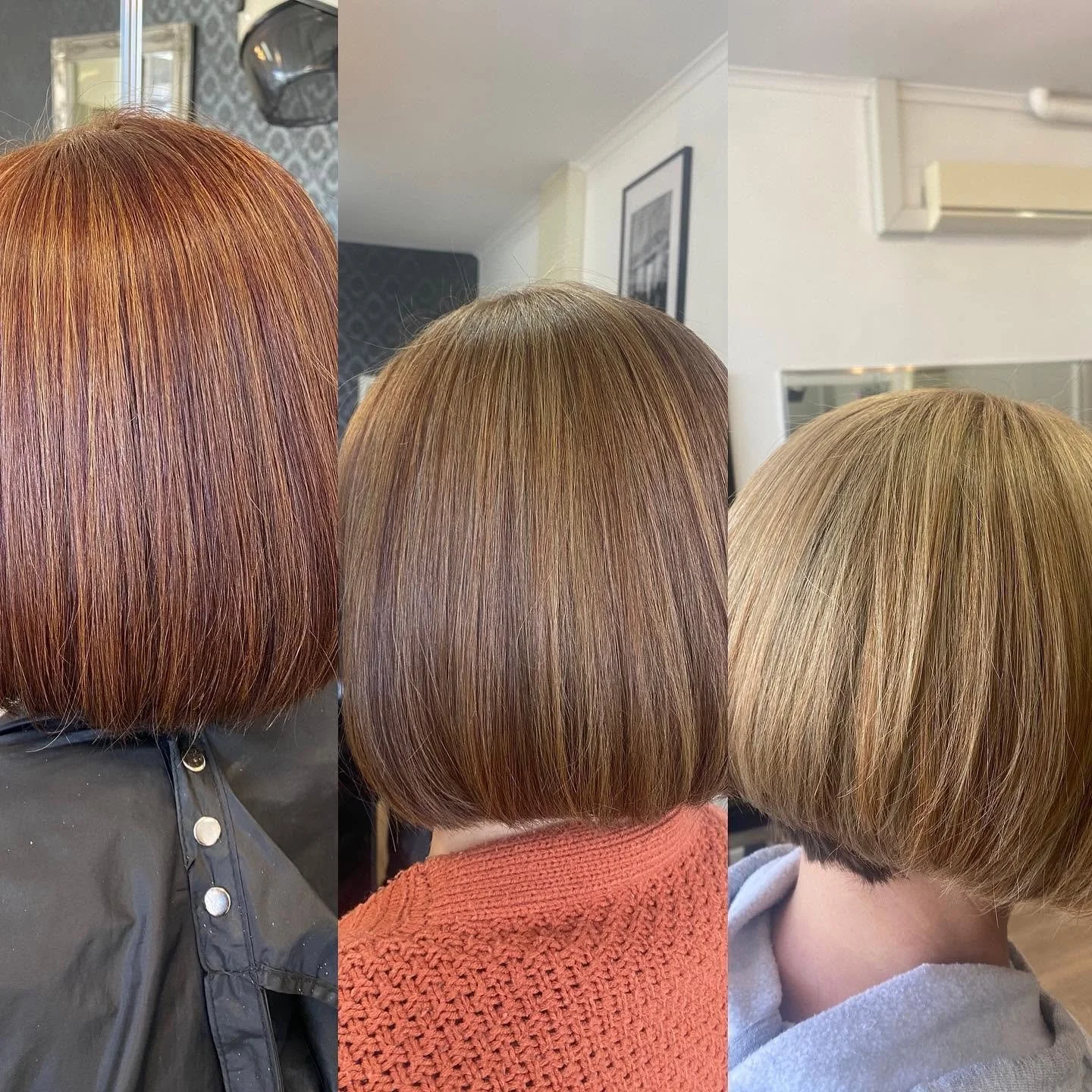 Side-by-side comparison of three women with different hairstyles and hair colors, showing various shades of blonde and light brown