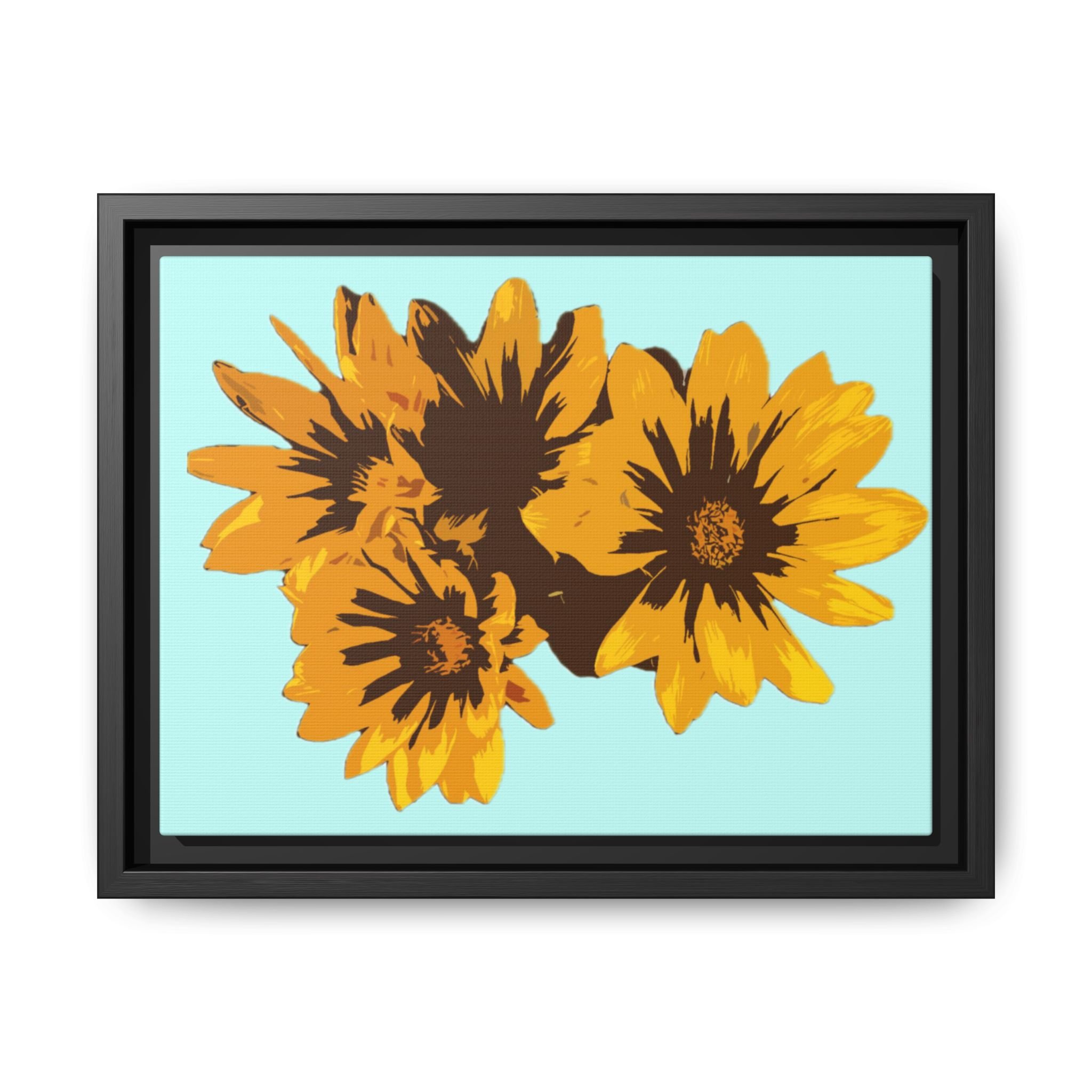 A framed digital artwork of a sunflower with orange and brown petals on a light blue background.