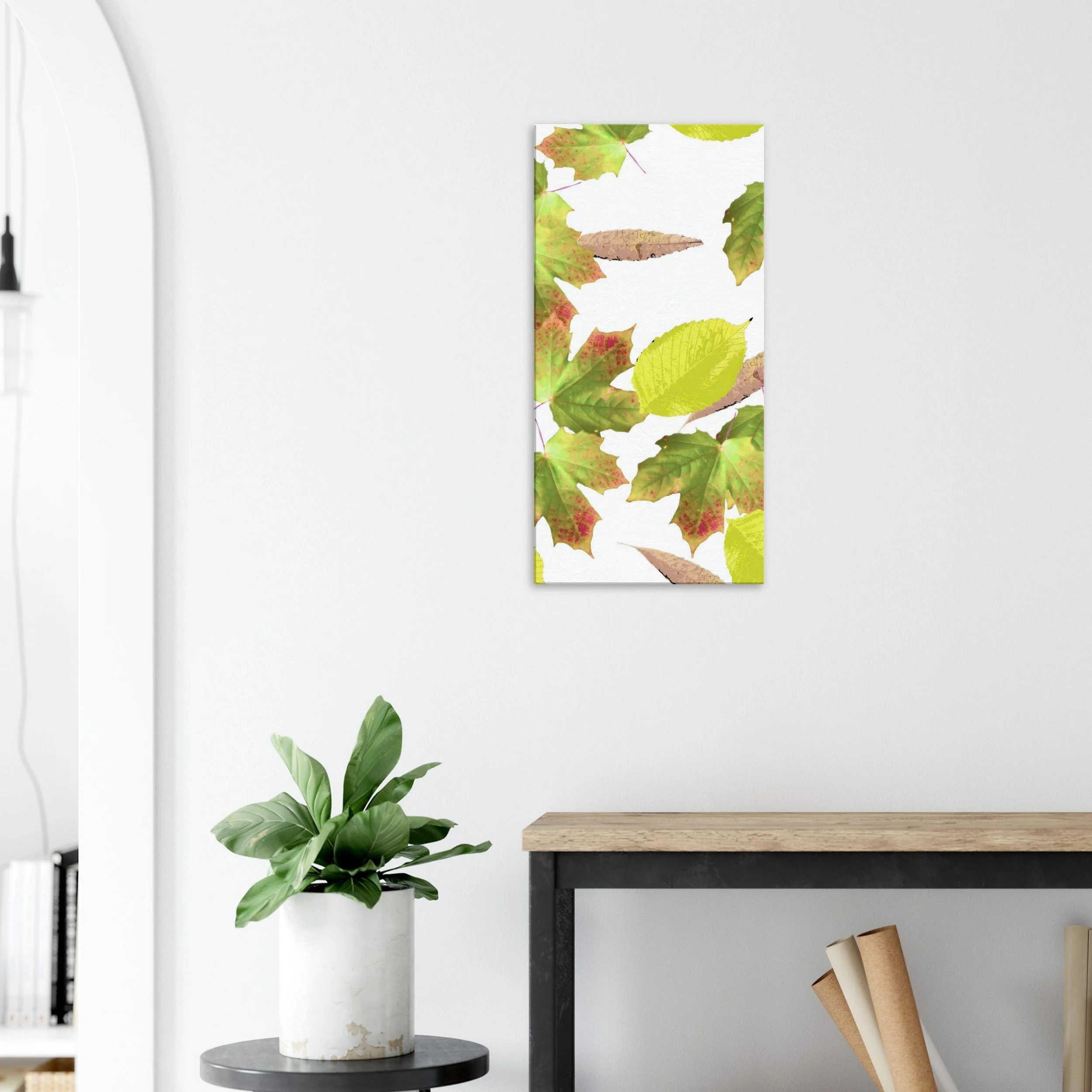 Interior of a room with a modern decor and a colorful leaf-themed artwork on the wall.