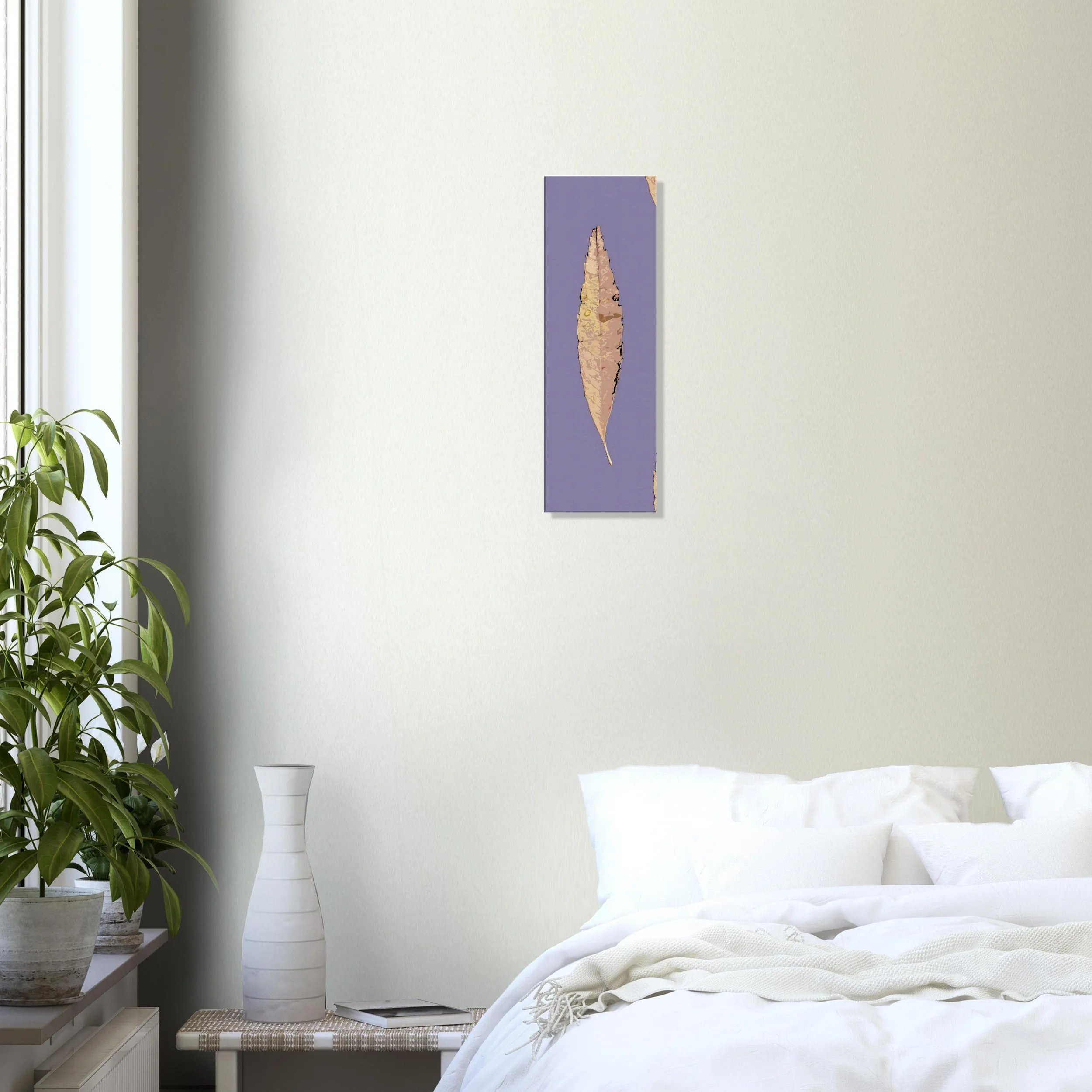 A minimalist bedroom with a white bed, a bedside table with books, potted plants, and a vertical rectangular art piece on the wall featuring a leaf design.