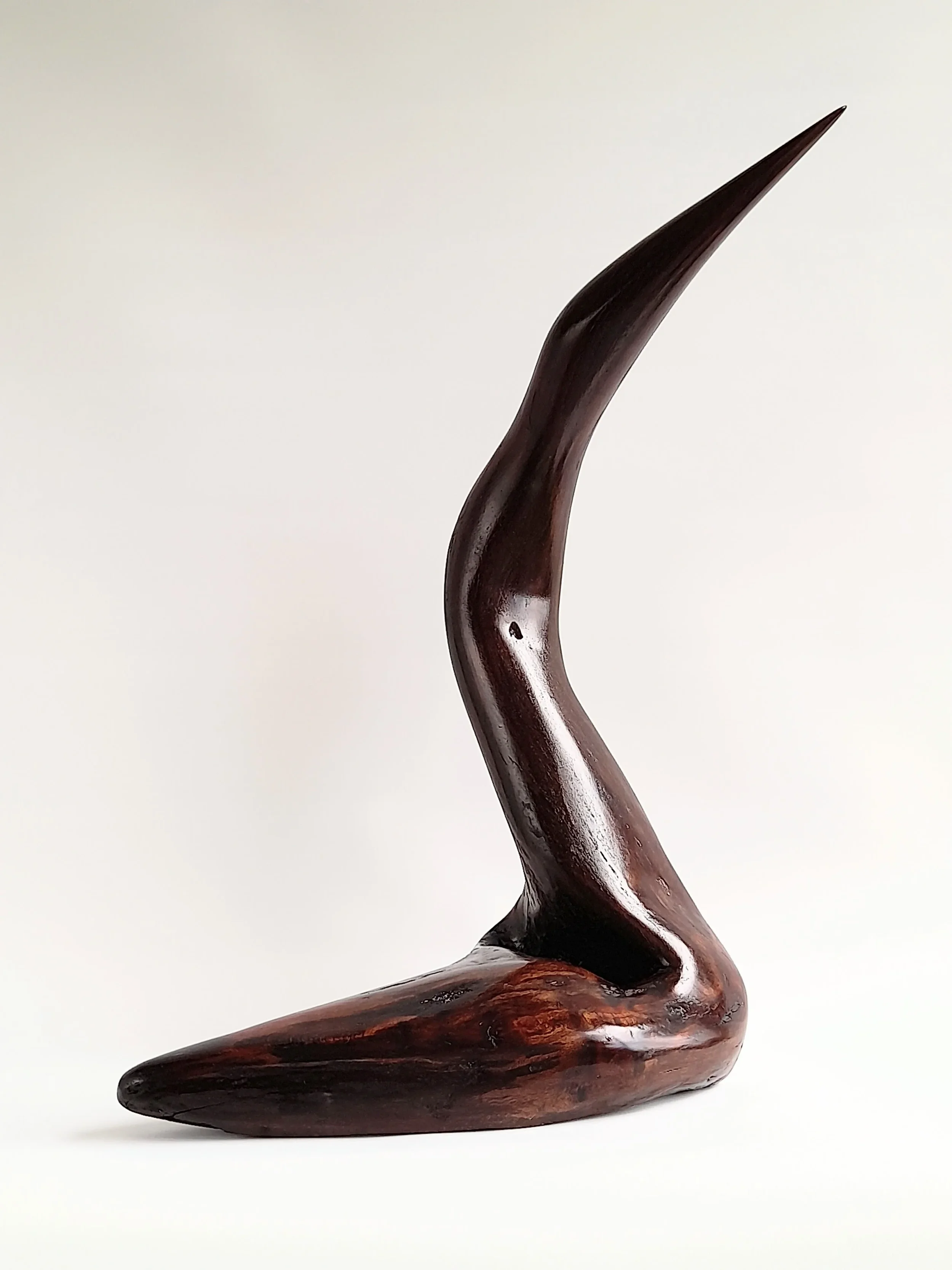 Large abstract hand-carved dark Australian Blackwood avian sculpture mimicking a South Coast pelican on a black pedestal titled Majestic Grace.