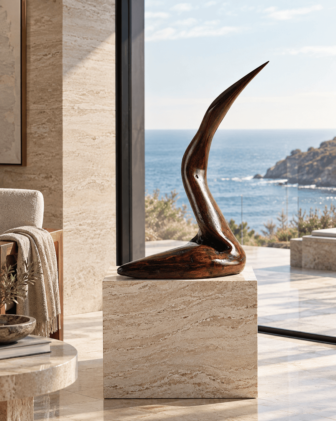 large abstract hand-carved dark Australian Blackwood avian sculpture mimicking a South Coast pelican on a marble pedestal in a Coastal interior home titled Majestic Grace.