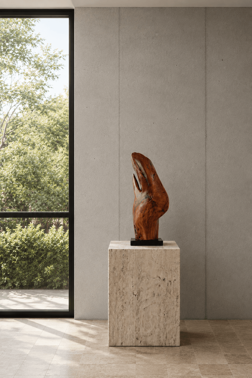 Hand-carved wooden sculpture Ocean Ascent displayed on a travertine pedestal in a luxury modern home