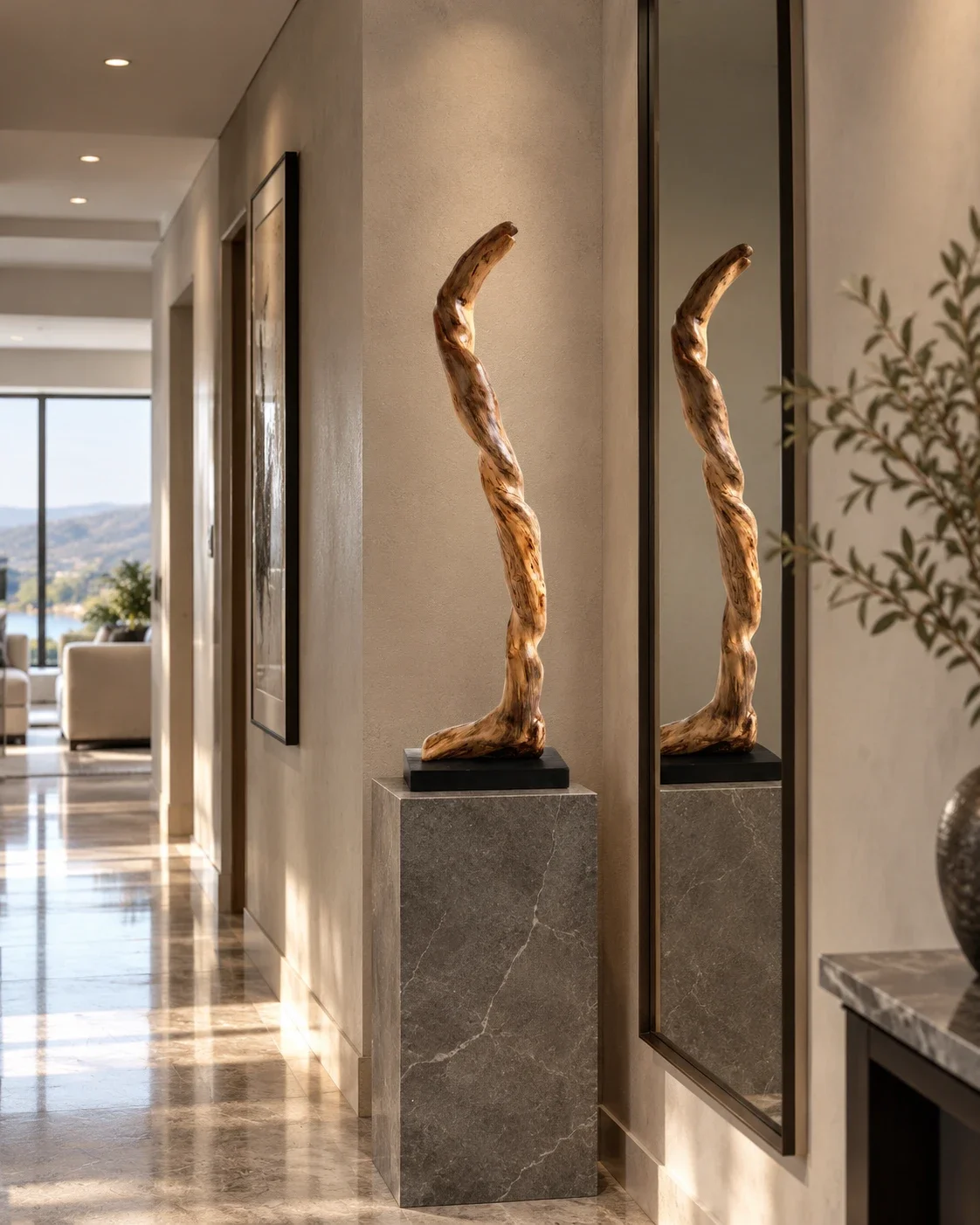 Coiled Grace twisted sculpture placed on a Pietra Grey pedestal reflecting in the mirror.webp