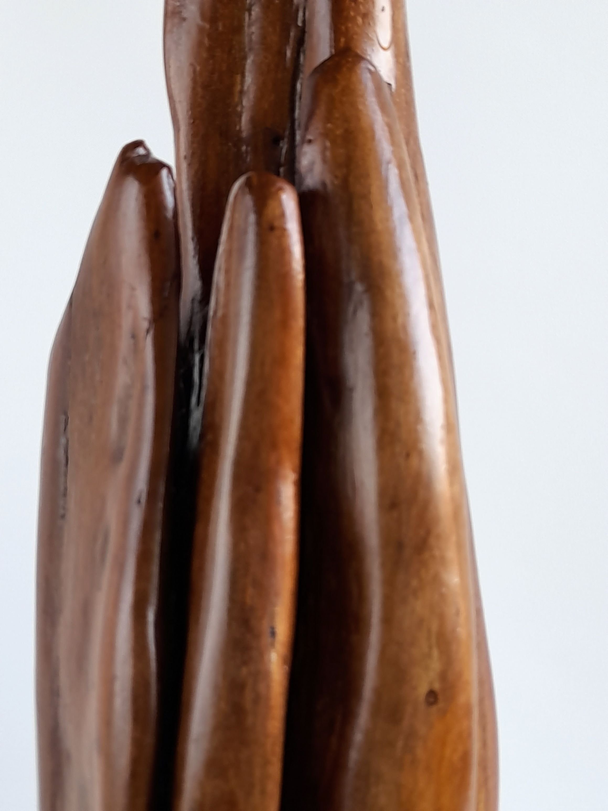 Close-up detail of Southern Pod sculpture showing the solid carved form, fine hand-sanded finish, and natural sweeping timber grain.