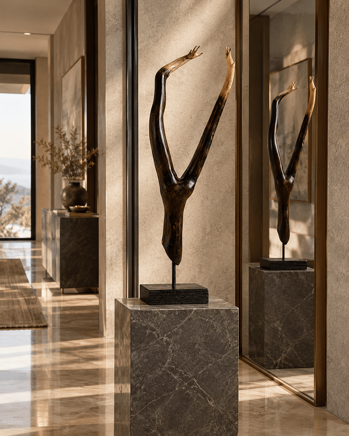Minimalist charred Illawarra Flame Tree wood sculpture reaching upward on a Pietra Grey marble plinth in hallway  titled Reaching Through.
