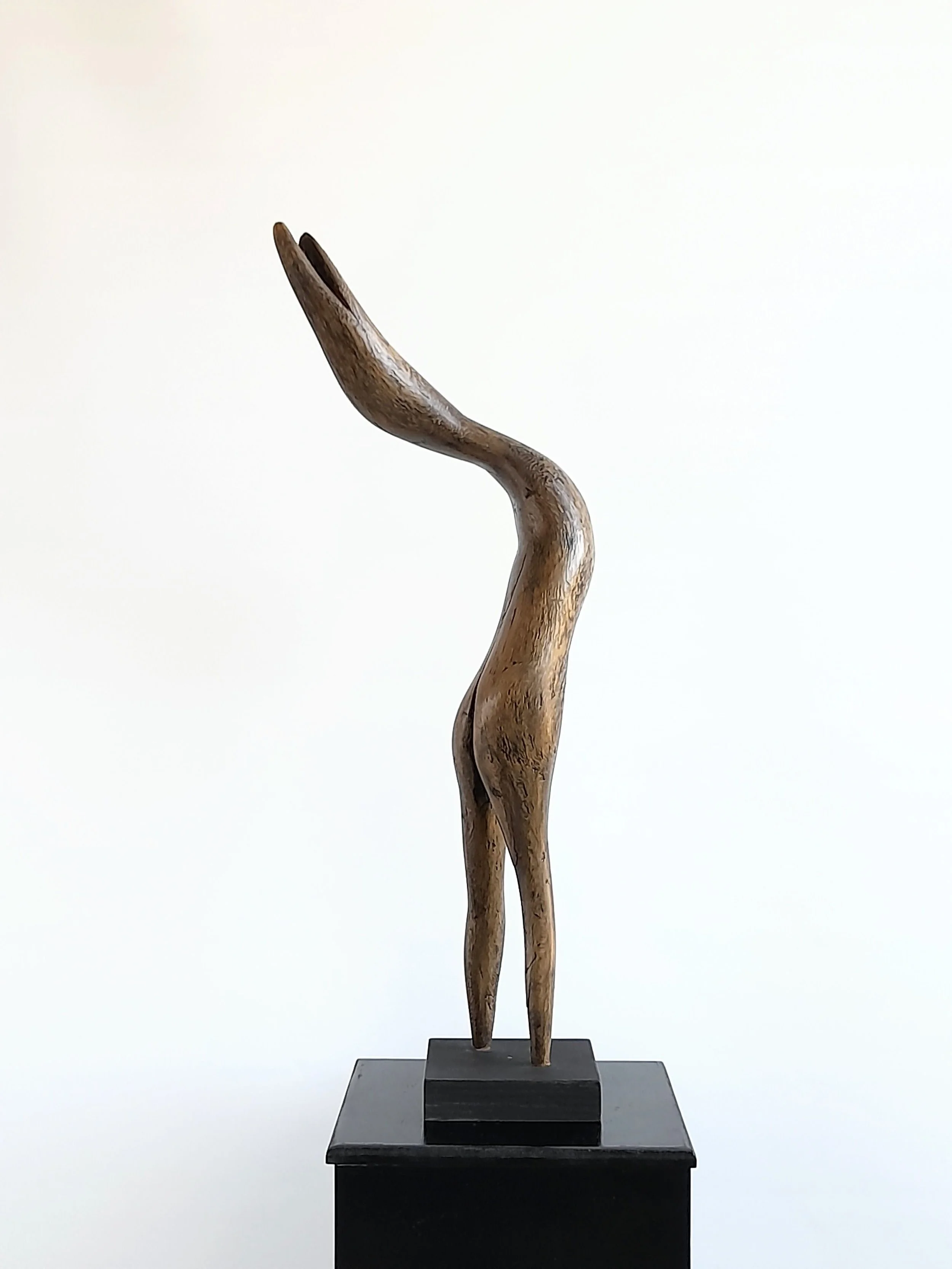 Tall hand-carved wooden sculpture titled Strive, featuring soaring abstract curves inspired by the fluid form of a bird.