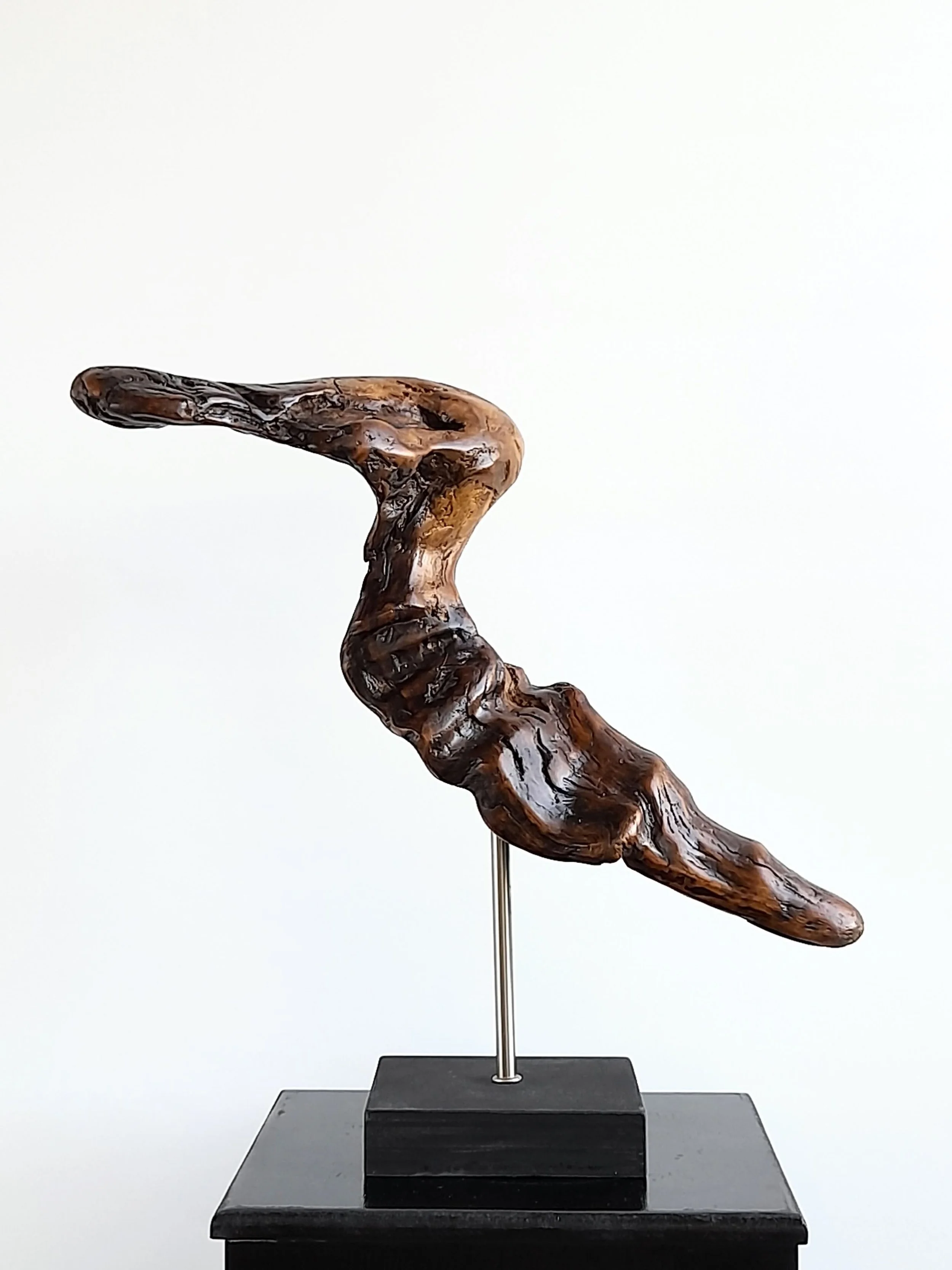 Playful hand-carved wooden sculpture titled Duck Out of Water, depicting a stylized duck form in rich Australian timber.