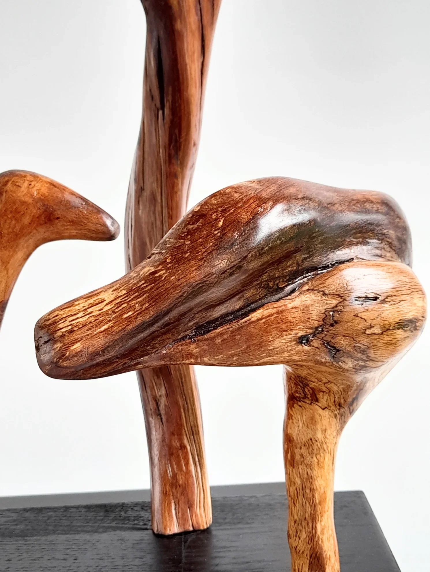 Close-Up of group of three distinct hand-carved wood bird sculptures on a single black pedestal titled Harmonious Diversity.
