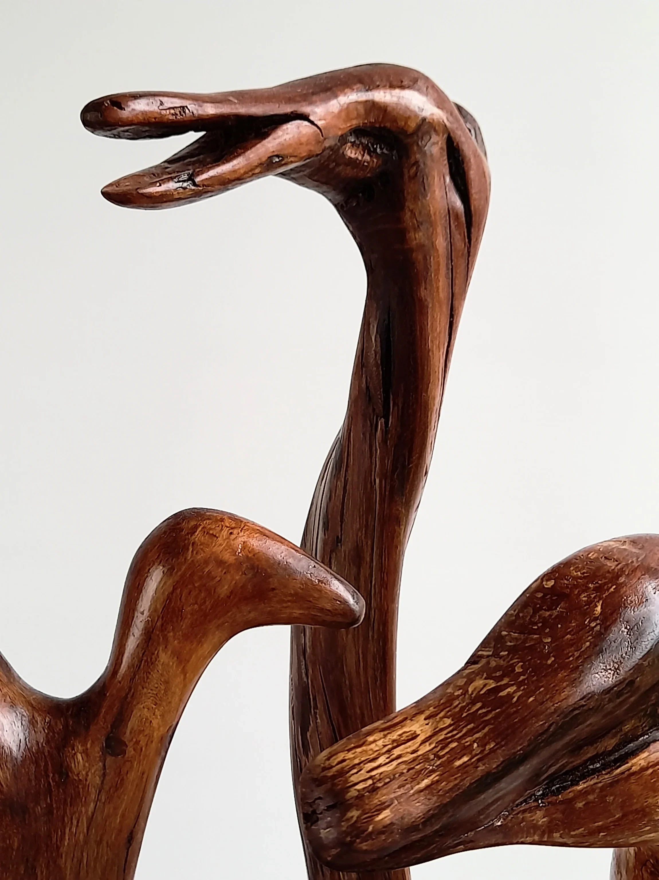 Close-Up of group of three distinct hand-carved wood bird sculptures on a single black pedestal titled Harmonious Diversity.