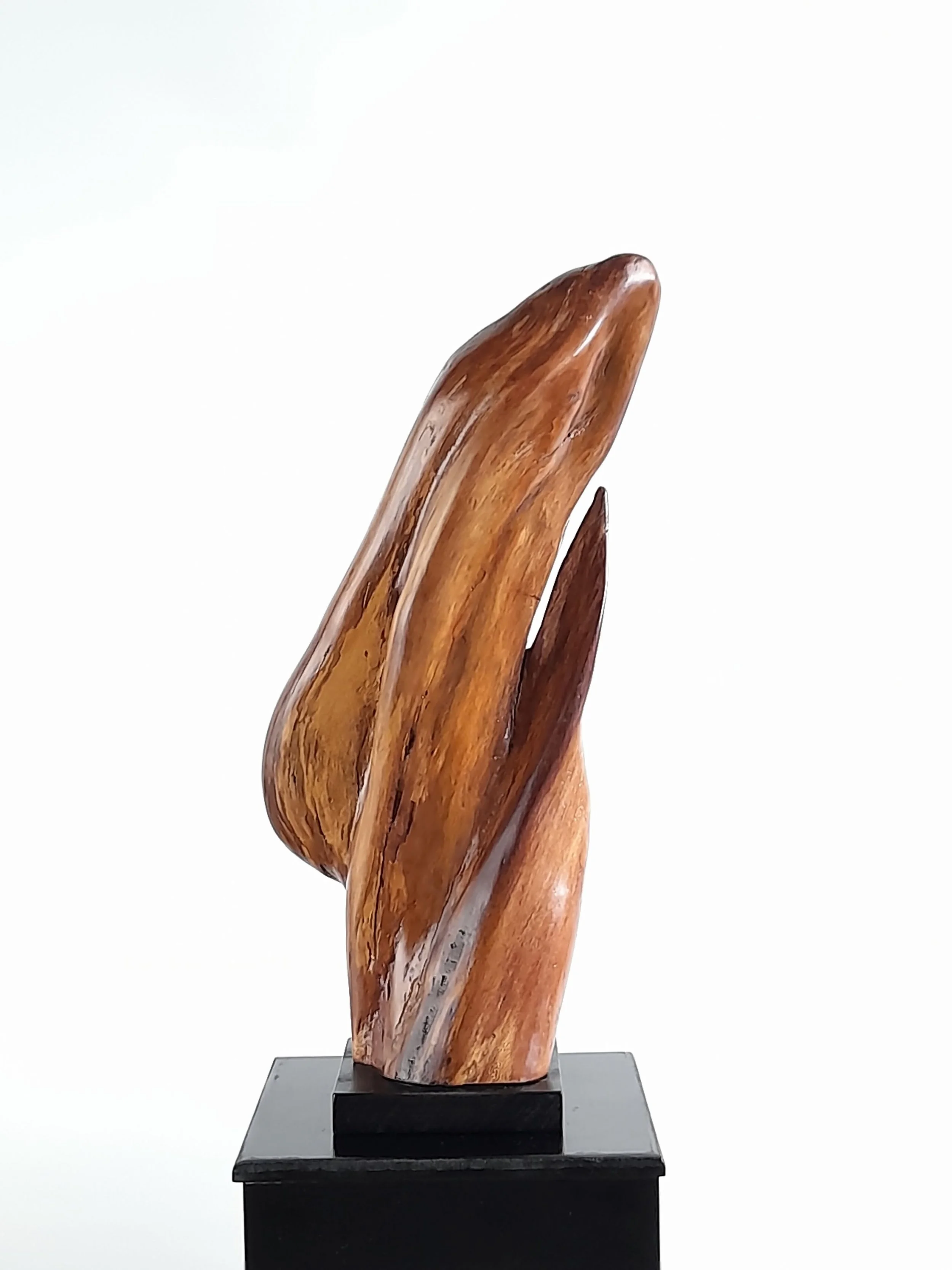 Hand-carved wooden sculpture Ocean Ascent mounted on a black display pedestal by Ole Jensen