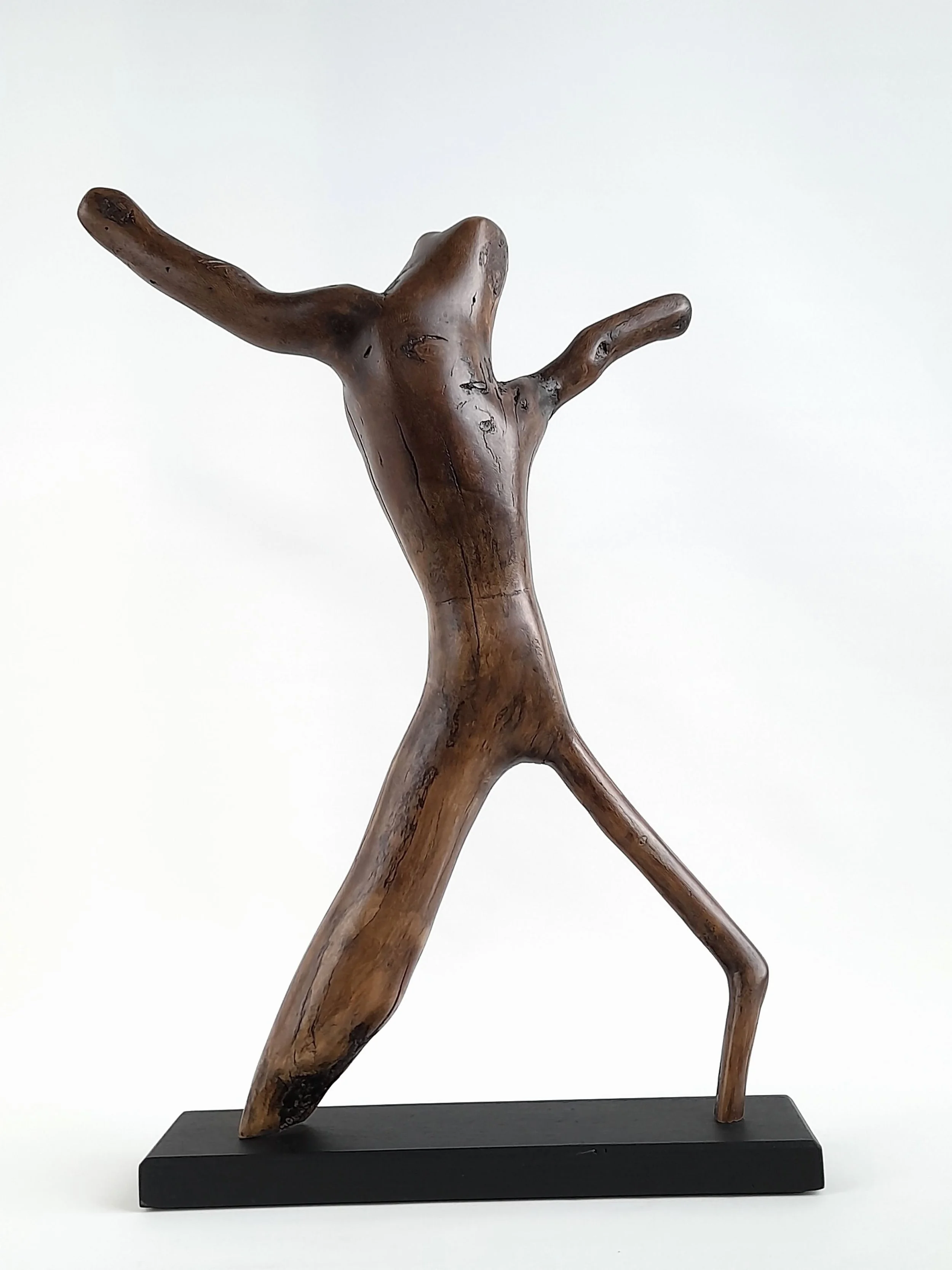 Hand-carved wooden sculpture titled Alien Dancer by Ole Jensen, featuring dynamic fluid limbs on a dark display base.
