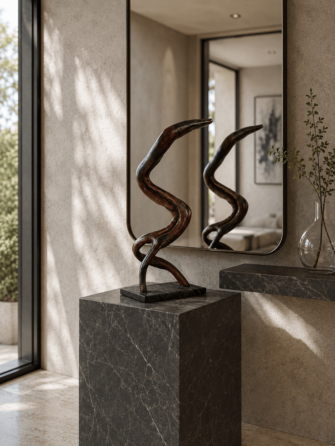 The 'Firebird' blackwood sculpture by Ole Jensen, displayed in a minimal contemporary foyer on a Pietra Grey marble and glass plinth, with a mirror directly behind showing its reflected form.