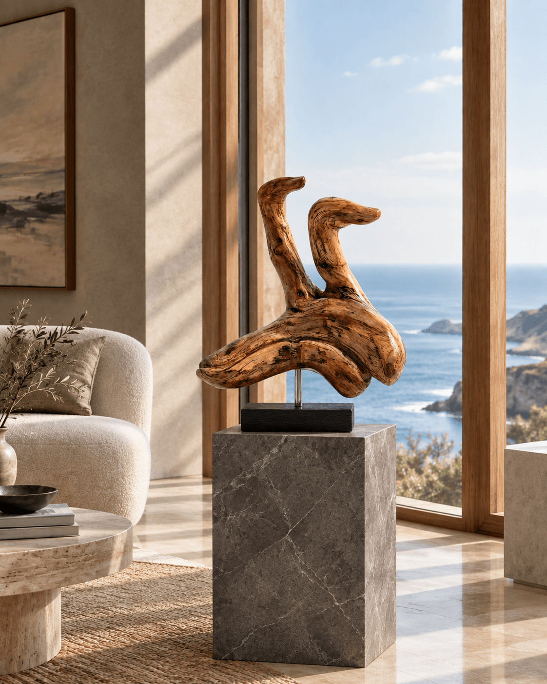 Abstract Golden Sassafras wood sculpture depicting birds surfing on dolphins on a Pietra Grey marble plinth in coastal home titled Pacific Riders.