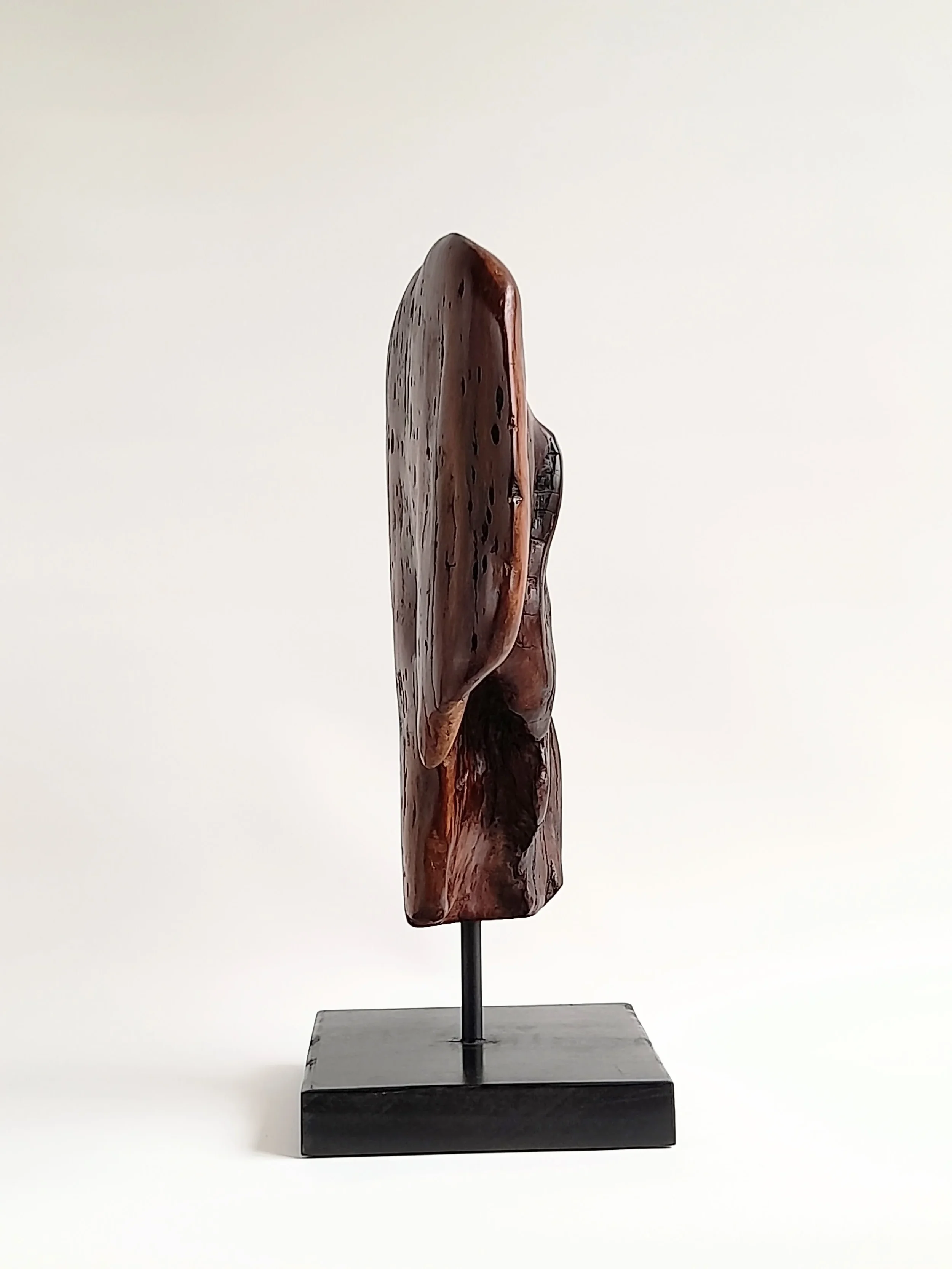 Dual-sided hand-carved dark Brushbox wood head sculpture with natural weathered details on a black stand titled Weathered Soul.