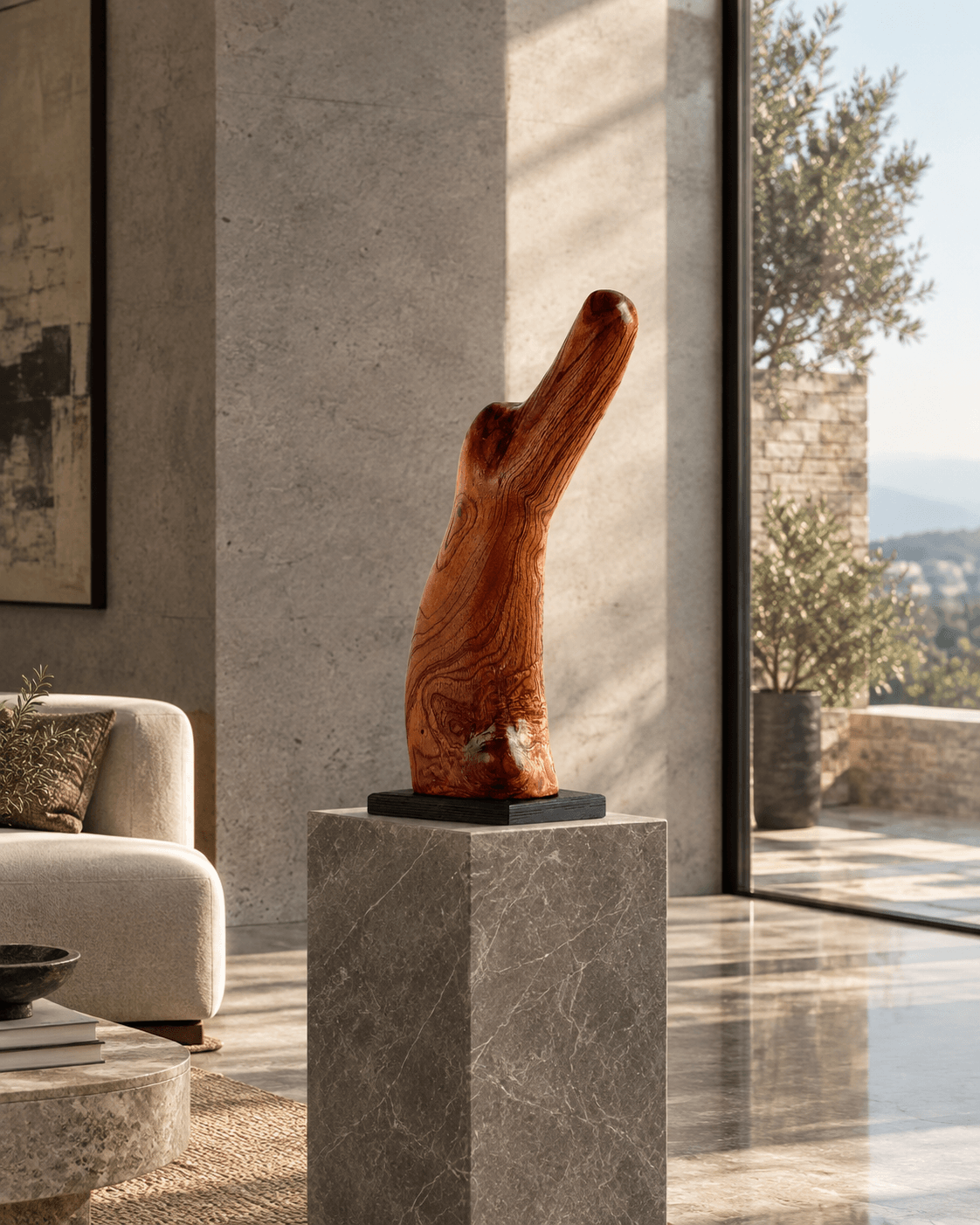 Fluid hand-carved Australian Red Cedar animal sculpture on a black pedestal in a luxury home interior titled Vigilant.