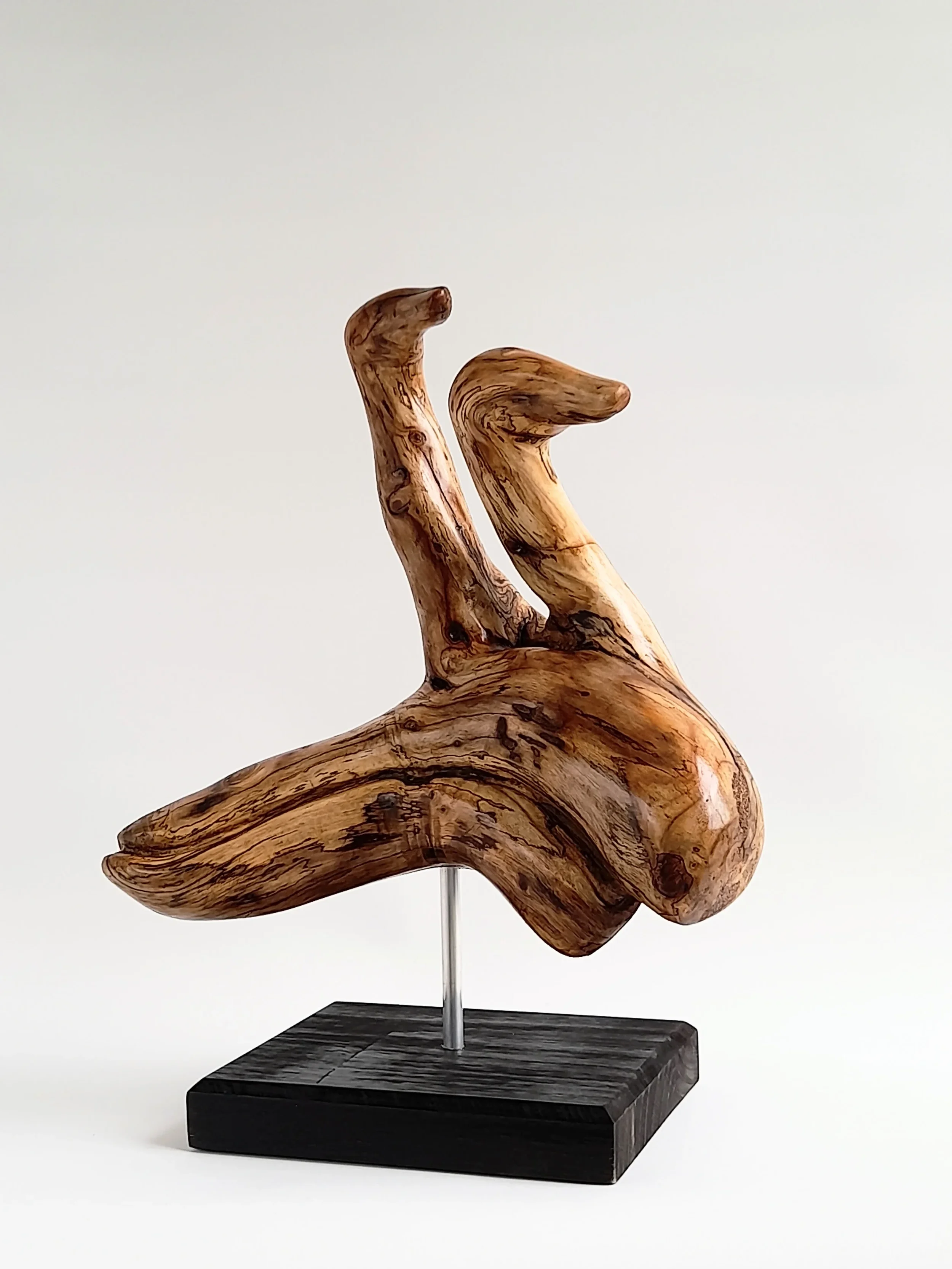 Abstract Golden Sassafras wood sculpture depicting birds surfing on dolphins on a black pedestal titled Pacific Riders.