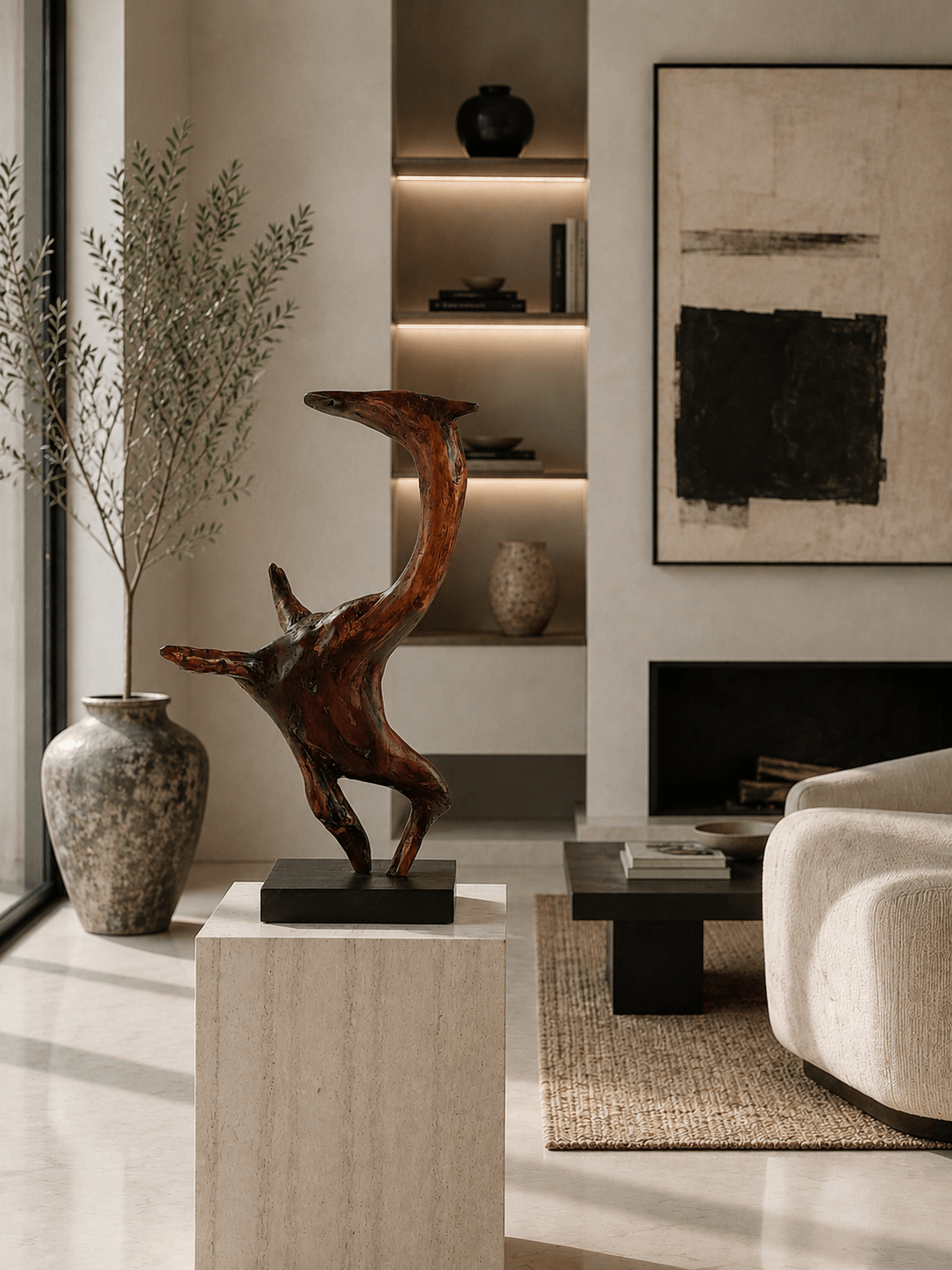 Dancing Horse, hand-carved polished timber sculpture by Ole Jensen displayed on a travertine plinth in a luxury living room interior