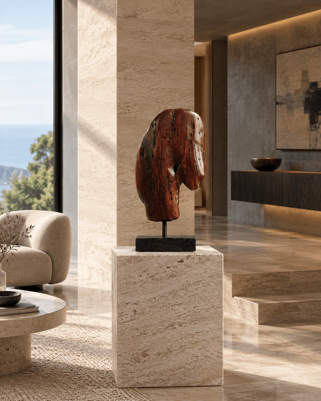 Dual-sided hand-carved dark Brushbox wood head sculpture with natural weathered details on a marble plinth in luxury home interior titled Weathered Soul.